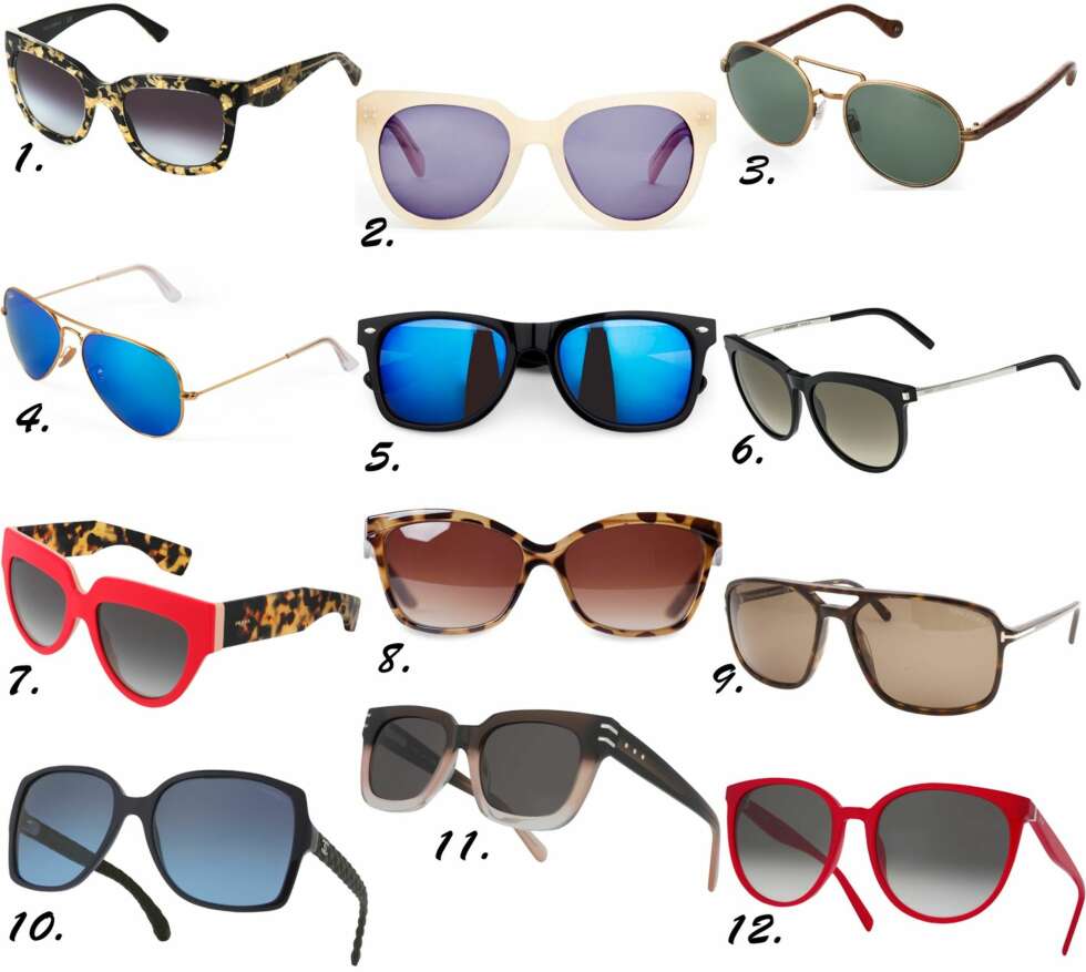 ÅRETS SOLBRILLER: <b>1.</b> Dolce & Gabbana Gold Leaf, kr 2040. <b>2.</b> Kremfarget fra FWSS, 2190. <b>3.</b> Ralph Lauren Safari Edition, kr 2840. <b>4.</b> Ray-Ban Aviator med blått speilglass, kr 1490. <b>5.</b> Svarte med blått speilglass fra Bik Bok, kr 50. <b>6.</b> Saint Laurent mod. SL24, kr 2688. <b>7.</b> Prada mod. 29P, kr 2700. <b>8.</b> Sjiraffmønstrede briller med brunt glass fra MQ, kr 299. <b>9.</b> Tom Ford mod. TF332, kr 2975. <b>10.</b> Chanel mod. 5289Q, kr 3600. <b>11.</b> Marc Jacobs mod. 528, kr 2813. <b>12.</b> Céline mod. 41067-S, kr 2688. ÅRETS SOLBRILLER: <b>1.</b> Dolce & Gabbana Gold Leaf, kr 2040. <b>2.</b> Kremfarget fra FWSS, 2190. <b>3.</b> Ralph Lauren Safari Edition, kr 2840. <b>4.</b> Ray-Ban Aviator med blått speilglass, kr 1490. <b>5.</b> Svarte med blått speilglass fra Bik Bok, kr 50. <b>6.</b> Saint Laurent mod. SL24, kr 2688. <b>7.</b> Prada mod. 29P, kr 2700. <b>8.</b> Sjiraffmønstrede briller med brunt glass fra MQ, kr 299. <b>9.</b> Tom Ford mod. TF332, kr 2975. <b>10.</b> Chanel mod. 5289Q, kr 3600. <b>11.</b> Marc Jacobs mod. 528, kr 2813. <b>12.</b> Céline mod. 41067-S, kr 2688.