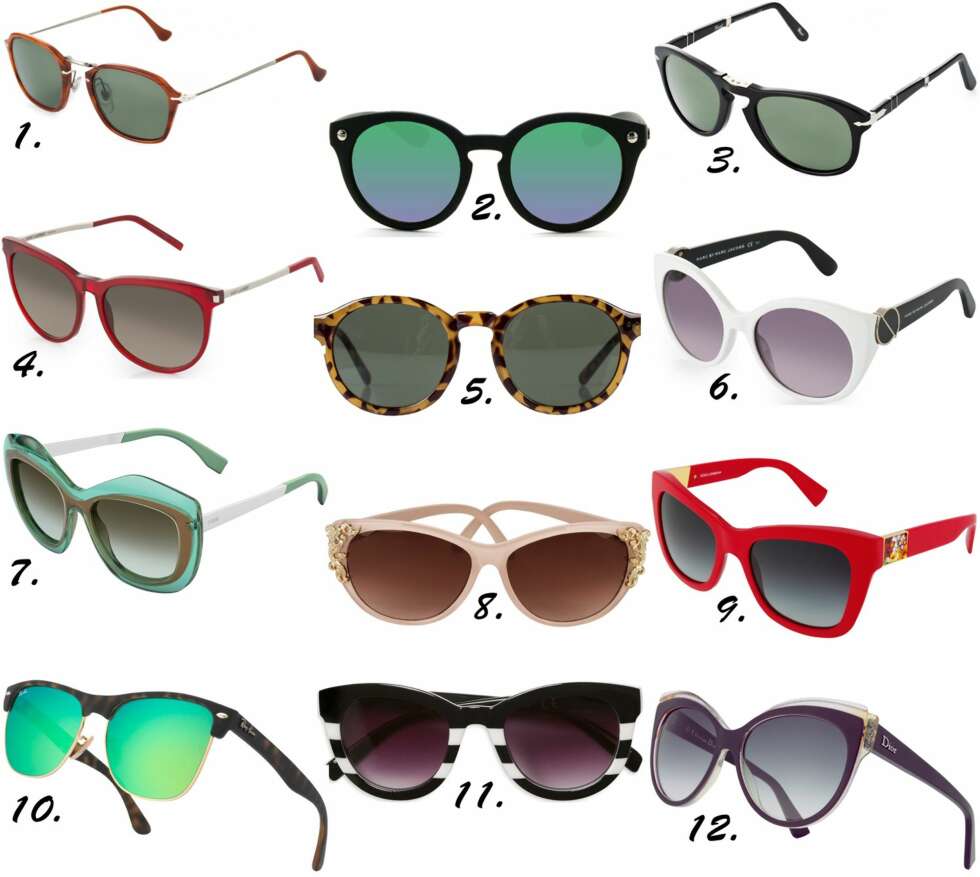 SESONGENS MODELLER: <b>1.</b> Persol Reflex Edition, kr 1990. <b>2.</b> Svarte med speilglass fra Quay, kr 400. <b>3.</b> Persol 714 folding, kr 1990. <b>4.</b> Saint Laurent Paris, kr 2690. <b>5.</b> Dyriske med grått glass fra Cheap Monday, kr 249. <b>6.</b> Marc by Marc Jacobs, kr 1690. <b>7.</b> Fendi mod. 0029S, kr 3710. <b>8.</b> Rosa med utsmykninger fra H&M, kr 79,50. <b>9.</b> Dolce & Gabbana mod. 4214, kr 4350. <b>10.</b> Ray-Ban mod 4175 Clubmaster Oversized, kr 1550. <b>11.</b> Stripete solbriller i svart og hvitt fra Lindex, kr 79,50. <b>12.</b> Dior mod. Glisten1, kr 2588. SESONGENS MODELLER: <b>1.</b> Persol Reflex Edition, kr 1990. <b>2.</b> Svarte med speilglass fra Quay, kr 400. <b>3.</b> Persol 714 folding, kr 1990. <b>4.</b> Saint Laurent Paris, kr 2690. <b>5.</b> Dyriske med grått glass fra Cheap Monday, kr 249. <b>6.</b> Marc by Marc Jacobs, kr 1690. <b>7.</b> Fendi mod. 0029S, kr 3710. <b>8.</b> Rosa med utsmykninger fra H&M, kr 79,50. <b>9.</b> Dolce & Gabbana mod. 4214, kr 4350. <b>10.</b> Ray-Ban mod 4175 Clubmaster Oversized, kr 1550. <b>11.</b> Stripete solbriller i svart og hvitt fra Lindex, kr 79,50. <b>12.</b> Dior mod. Glisten1, kr 2588.