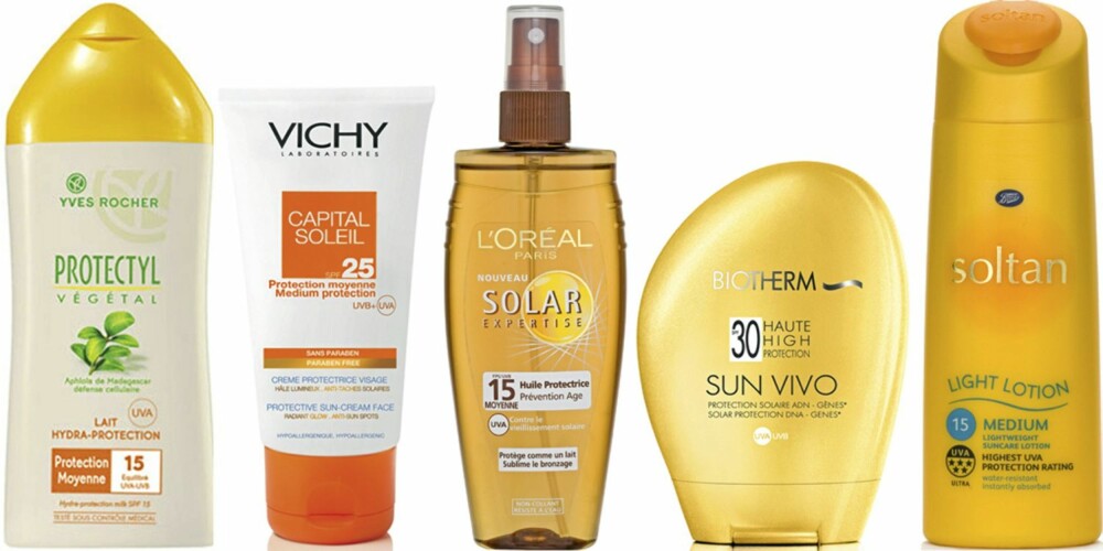 FRA VENSTRE: Yves-Rocher Protectyl Végéal Lait Hydra-Protection SPF 15 (kr 209), Vichy Capital Soleil solkrem til ansikt SPF 25 (kr 159), L'Oréal Solar Expertise solbeskyttelsesolje SPF 15 (kr 129), Biotherm Sun Vivo til ansikt SPF 15 (kr 270), Soltan Light Lotion SFP 15 (kr 129). FRA VENSTRE: Yves-Rocher Protectyl Végéal Lait Hydra-Protection SPF 15 (kr 209), Vichy Capital Soleil solkrem til ansikt SPF 25 (kr 159), L'Oréal Solar Expertise solbeskyttelsesolje SPF 15 (kr 129), Biotherm Sun Vivo til ansikt SPF 15 (kr 270), Soltan Light Lotion SFP 15 (kr 129).