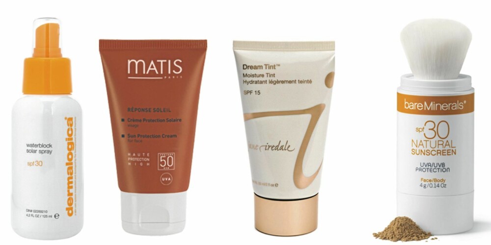 FRA VENSTRE: Waterblock Solar Spray SPF 30 fra Dermalogica (kr 530), solkrem fra Matis SPF 50 (kr 439), Dream Tint (farget dagkrem) fra Jane Iredale med SPF 15 (kr 465), solbeskyttelse i mineralpulverform fra Bare Minerals SPF 30 (kr 499). FRA VENSTRE: Waterblock Solar Spray SPF 30 fra Dermalogica (kr 530), solkrem fra Matis SPF 50 (kr 439), Dream Tint (farget dagkrem) fra Jane Iredale med SPF 15 (kr 465), solbeskyttelse i mineralpulverform fra Bare Minerals SPF 30 (kr 499).