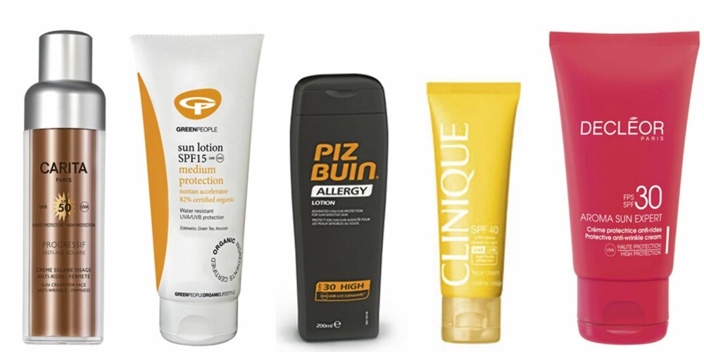 FRA VENSTRE: Solkrem fra Carita SPF 50 (kr 729), økologisk solkrem fra Greenpeople SPF 15 (kr 239), Piz Buin Allergy Lotion SPF 30 (kr 180), solkrem til ansikt fra Clinique SPF 40 (kr 210), solkrem fra Décleor med SPF 30 (kr 399). FRA VENSTRE: Solkrem fra Carita SPF 50 (kr 729), økologisk solkrem fra Greenpeople SPF 15 (kr 239), Piz Buin Allergy Lotion SPF 30 (kr 180), solkrem til ansikt fra Clinique SPF 40 (kr 210), solkrem fra Décleor med SPF 30 (kr 399).
