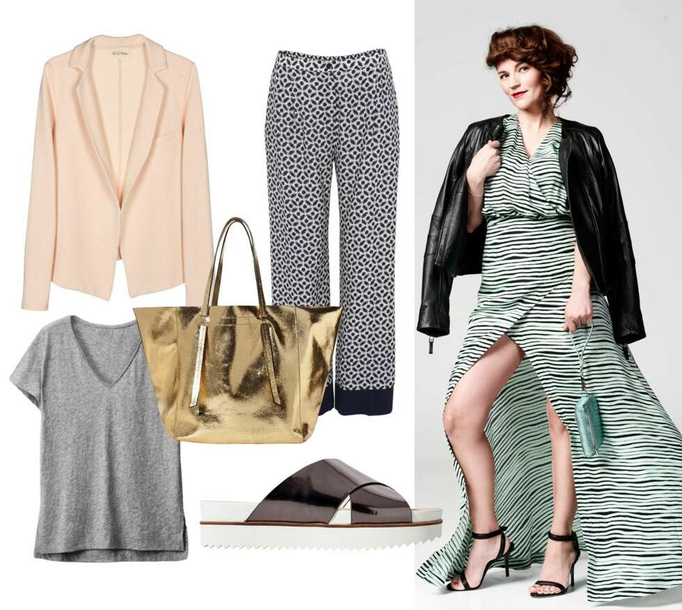 MØNSTER OG METALLISK: T-skjorte fra H&M, kr 99. Blazer fra American Vintage, kr 885. Veske fra Zara, kr 1199. Bukse fra Baum und Pferdgarten, kr 1399. Sandaler fra Zara, kr 599. <b>Donika har på seg:</b> Skinnjakke med skinnarmer, fra Zara, kr 799. Bukse fra Lindex, kr 299. Sjal fra InWear, kr 499. Topp fra Lindex, kr 249. Sko fra Vagabond, kr 799. MØNSTER OG METALLISK: T-skjorte fra H&M, kr 99. Blazer fra American Vintage, kr 885. Veske fra Zara, kr 1199. Bukse fra Baum und Pferdgarten, kr 1399. Sandaler fra Zara, kr 599. <b>Donika har på seg:</b> Skinnjakke med skinnarmer, fra Zara, kr 799. Bukse fra Lindex, kr 299. Sjal fra InWear, kr 499. Topp fra Lindex, kr 249. Sko fra Vagabond, kr 799.