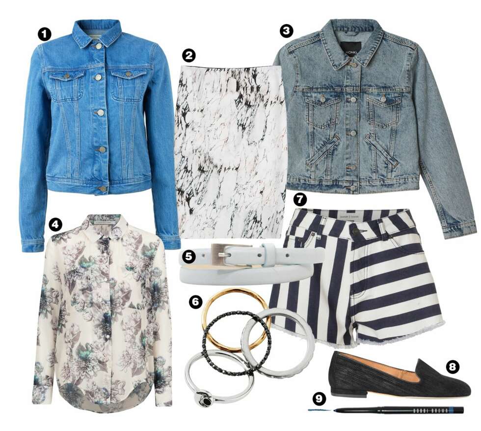 DENIMJAKKEN: 1. Jakke fra Won Hundred, kr 1300. 2. Skjørt fra Zara, kr 199. 3. Jakke fra Monki, kr 300. 4. Skjorte fra Fwss, 1290. 5. Belte fra Baum und Pferdgarten, kr 499. 6. Ringer fra H&M, kr 149. 7. Shorts fra Samsøe Samsøe, kr 799. 8. Sko fra Filippa K. kr 1900. 9. Perfectly defined eye liner fra Bobbi Brown, kr 220. DENIMJAKKEN: 1. Jakke fra Won Hundred, kr 1300. 2. Skjørt fra Zara, kr 199. 3. Jakke fra Monki, kr 300. 4. Skjorte fra Fwss, 1290. 5. Belte fra Baum und Pferdgarten, kr 499. 6. Ringer fra H&M, kr 149. 7. Shorts fra Samsøe Samsøe, kr 799. 8. Sko fra Filippa K. kr 1900. 9. Perfectly defined eye liner fra Bobbi Brown, kr 220.