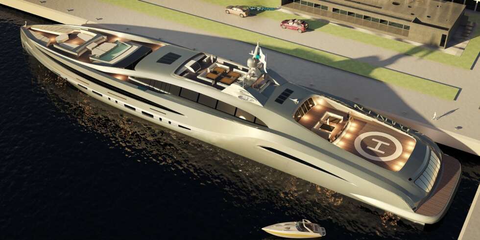 KREVER KAI: 105 meter luksusyacht krever litt kai. Illustrasjon: Grey Design KREVER KAI: 105 meter luksusyacht krever litt kai. Illustrasjon: Grey Design