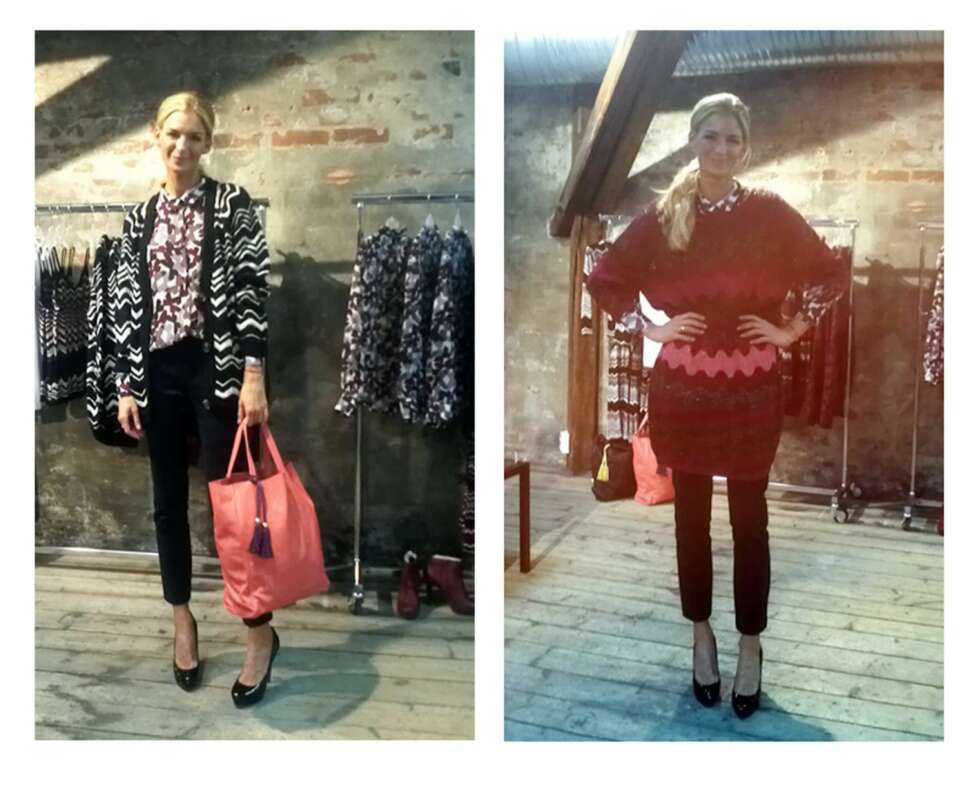 MISSONI FOR LINDEX: Kathrine Sørland er stylet i Missoni for Lindex fra topp til tå (minus skoene, de er fra Christian Louboutin). Blusen på bildet til venstre har originalt print fra Missonis kolleksjon i 1970 (kr 299). Oversized cardigan (kr 599), skinnveske (kr 999) og sort satinbukse med innvevd sikksakkmønster (kr 499). Til høyre har Kathrine på seg samme bluse, en oversized genser med typisk Missoni-mønster og de samme svarte buksene. MISSONI FOR LINDEX: Kathrine Sørland er stylet i Missoni for Lindex fra topp til tå (minus skoene, de er fra Christian Louboutin). Blusen på bildet til venstre har originalt print fra Missonis kolleksjon i 1970 (kr 299). Oversized cardigan (kr 599), skinnveske (kr 999) og sort satinbukse med innvevd sikksakkmønster (kr 499). Til høyre har Kathrine på seg samme bluse, en oversized genser med typisk Missoni-mønster og de samme svarte buksene.