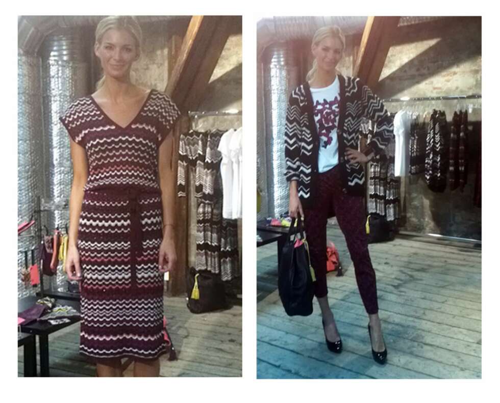 MISSONI FOR LINDEX: Til venstre ser vi Kathrine ikledd strikket kjole med det klassiske Missoni.mønsteret (kr 599). Til høyre har hun på seg hvit t-skjorte med sommerfuglmønsteret fra 1970-tallet, oversized cardigan (kr 599) og burgunderfargede skinnbukser med stretch (kr 1999). Svart veske i ekte skinn (kr 999). MISSONI FOR LINDEX: Til venstre ser vi Kathrine ikledd strikket kjole med det klassiske Missoni.mønsteret (kr 599). Til høyre har hun på seg hvit t-skjorte med sommerfuglmønsteret fra 1970-tallet, oversized cardigan (kr 599) og burgunderfargede skinnbukser med stretch (kr 1999). Svart veske i ekte skinn (kr 999).