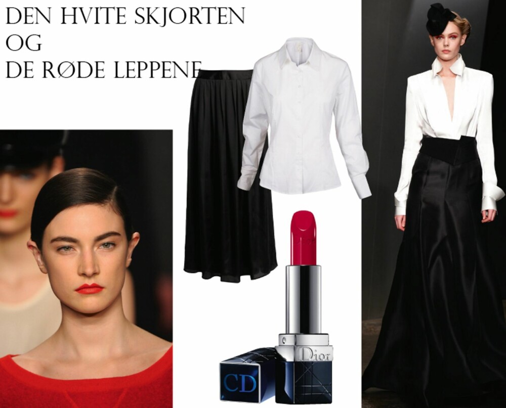 HVIT SKJORTE OG RØD LEPPESTIFT: Donna Karan viste elegant antrekk med hvit skjorte og svart fotsidt skjørt. Skjørt fra Ellos, kr 399. Skjorte fra Haust, kr 799. Røde lepper så vi blant annet hos Marc by Marc Jacobs. Rød leppestift fra Dior, kr 305. HVIT SKJORTE OG RØD LEPPESTIFT: Donna Karan viste elegant antrekk med hvit skjorte og svart fotsidt skjørt. Skjørt fra Ellos, kr 399. Skjorte fra Haust, kr 799. Røde lepper så vi blant annet hos Marc by Marc Jacobs. Rød leppestift fra Dior, kr 305.