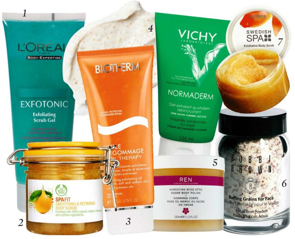 1. Et av kultproduktene til L'Oréal, fordi den gir en god eksfoliering av huden, har en frisk duft og er rimelig, kr 99. 2. En effektiv skrubb fra Body Shop, som inneholder aktive ingredienser som koffein, sitrusoljer og økologisk aloe vera fra Community Fair Trade i Guatemala, kr 269. 3. Biotherms variant inneholder tre næringsrike oljer som skal gi rikelig med fuktighet samtidig som milde skrubbekorn skånsomt fjerner døde hudceller, kr 235. 4. Denne effektive peelinggelèen inneholder termalsk kildevann som har en beroligende effekt på huden, og er uten parabener, såpe og alkohol. Kr 175. 5. Denne milde sukkerskrubben skal etterlate huden silkemyk, glødende og med en lett duft av roser, kr 495. 6. Bobbi Browns versjon av mikrodermabrasjonsproduktene. Kornene blandes med ditt renseprodukt, for en mild og effektiv eksfoliering av ansiktshuden, kr 355. 7. Oriflames svenske-skrubb eksfolierer huden din ren og glatt med salt og mandelskall, mens ingefærolje og styrker og beroliger huden, kr 199. 1. Et av kultproduktene til L'Oréal, fordi den gir en god eksfoliering av huden, har en frisk duft og er rimelig, kr 99. 2. En effektiv skrubb fra Body Shop, som inneholder aktive ingredienser som koffein, sitrusoljer og økologisk aloe vera fra Community Fair Trade i Guatemala, kr 269. 3. Biotherms variant inneholder tre næringsrike oljer som skal gi rikelig med fuktighet samtidig som milde skrubbekorn skånsomt fjerner døde hudceller, kr 235. 4. Denne effektive peelinggelèen inneholder termalsk kildevann som har en beroligende effekt på huden, og er uten parabener, såpe og alkohol. Kr 175. 5. Denne milde sukkerskrubben skal etterlate huden silkemyk, glødende og med en lett duft av roser, kr 495. 6. Bobbi Browns versjon av mikrodermabrasjonsproduktene. Kornene blandes med ditt renseprodukt, for en mild og effektiv eksfoliering av ansiktshuden, kr 355. 7. Oriflames svenske-skrubb eksfolierer huden din ren og glatt med salt og mandelskall, mens ingefærolje og styrker og beroliger huden, kr 199.