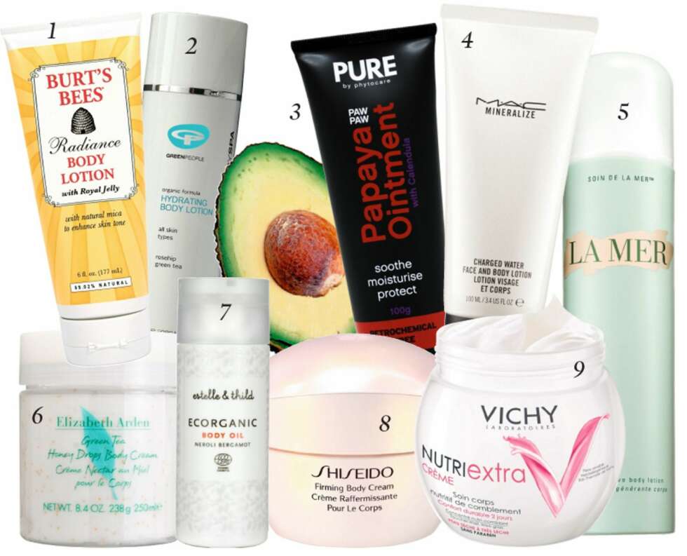 1. Radiance body lotion fra Burt's Bees er en nærende fuktighetskrem med shimmereffekt som skal gi rikelig med fuktighet og glød til huden, kr 179. 2. Green People Hydrating body lotion dufter deilig, og skal gi dehydrert hud fukten og gløden tilbake, kr 279. 3. Papaya ointment er en allsidig krem som fukter, beskytter og reparerer. Kremen kan blant annet brukes som leppepomade, klimakrem og fuktighetskrem til kropp og ansikt. Kr 299. 4. Mac Mineralize charged water er en myk lotion som tilfører fuktighet til ansikt og kropp, kr 300. 5. En reparerende kroppskrem som skal fornye og stramme opp huden, samt fukte og lindre tørr og irritert hud. Kr 950. 6. Green tea body cream er en rik fuktighetskrem som fukter og mykgjør en tørr sommerhud, kr 295. 7. En 100% økologisk kroppsolje med en lett duft av sitrus, kr 195. 8. Shiseidos body cream fukter tørr hud og virker oppstrammende, kr 450. 9. En nærende bodykrem til tørr hud som dufter mildt av fersken. En påføring skal gi nok fuktighet og næring for 2 dager! Kr 199. 1. Radiance body lotion fra Burt's Bees er en nærende fuktighetskrem med shimmereffekt som skal gi rikelig med fuktighet og glød til huden, kr 179. 2. Green People Hydrating body lotion dufter deilig, og skal gi dehydrert hud fukten og gløden tilbake, kr 279. 3. Papaya ointment er en allsidig krem som fukter, beskytter og reparerer. Kremen kan blant annet brukes som leppepomade, klimakrem og fuktighetskrem til kropp og ansikt. Kr 299. 4. Mac Mineralize charged water er en myk lotion som tilfører fuktighet til ansikt og kropp, kr 300. 5. En reparerende kroppskrem som skal fornye og stramme opp huden, samt fukte og lindre tørr og irritert hud. Kr 950. 6. Green tea body cream er en rik fuktighetskrem som fukter og mykgjør en tørr sommerhud, kr 295. 7. En 100% økologisk kroppsolje med en lett duft av sitrus, kr 195. 8. Shiseidos body cream fukter tørr hud og virker oppstrammende, kr 450. 9. En nærende bodykrem til tørr hud som dufter mildt av fersken. En påføring skal gi nok fuktighet og næring for 2 dager! Kr 199.