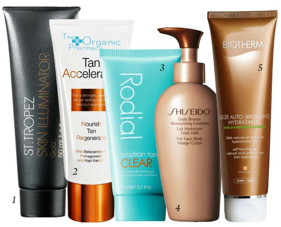 1. Skin illuminator er en highlighter til kroppen som skal fremheve brunfargen både dag og kveld. Kremen kommer i tre nyanser, så du skal finne den som passer til din hudtone. Kr 278. 2. Tan accelerator stimulerer melaninproduksjonen i huden, og vil gi en solkysset glød til ansikt og kropp, kr 415. 3. Rodials selvbruningskrem kan brukes daglig over hele kroppen, for å bygge opp en jevn og naturlig brunfarge, kr 480. 4. Shiseidos Daily bronze er en lett selvbruningskrem som raskt trekker inn i huden uten å virke klissete. Kremen skal gi en naturlig brunfarge med en frisk glød, kr 350. 5. Biotherm Self tanning gel er en selvbruningsgelé som skal gi en naturlig gyllen farge og 24 timers fuktighet. Finnes i to nyanser, kr 210. 1. Skin illuminator er en highlighter til kroppen som skal fremheve brunfargen både dag og kveld. Kremen kommer i tre nyanser, så du skal finne den som passer til din hudtone. Kr 278. 2. Tan accelerator stimulerer melaninproduksjonen i huden, og vil gi en solkysset glød til ansikt og kropp, kr 415. 3. Rodials selvbruningskrem kan brukes daglig over hele kroppen, for å bygge opp en jevn og naturlig brunfarge, kr 480. 4. Shiseidos Daily bronze er en lett selvbruningskrem som raskt trekker inn i huden uten å virke klissete. Kremen skal gi en naturlig brunfarge med en frisk glød, kr 350. 5. Biotherm Self tanning gel er en selvbruningsgelé som skal gi en naturlig gyllen farge og 24 timers fuktighet. Finnes i to nyanser, kr 210.