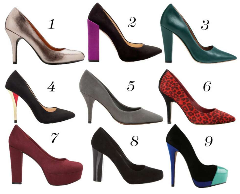 PUMPS: 1. Bianco, kr 399. 2. Zara, kr 559. 3.H&M, kr 699. 4. Zara, kr 559. 5. Mango, kr 499. 6. Bikbok, kr 349. 7. Bikbok, kr 399. 8. Oasis, kr 799. 9. Aldo, kr 1099. PUMPS: 1. Bianco, kr 399. 2. Zara, kr 559. 3.H&M, kr 699. 4. Zara, kr 559. 5. Mango, kr 499. 6. Bikbok, kr 349. 7. Bikbok, kr 399. 8. Oasis, kr 799. 9. Aldo, kr 1099.