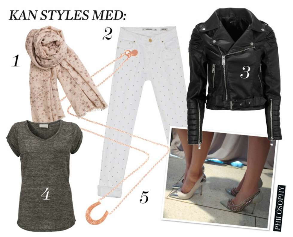 KAN STYLES MED: 1. Skjerf fra Becksöndergaard, kr 749. 2. Bukse fra Zara, kr 699. 3. Jakke fra Gina Tricot, kr 599. 4. T-skjorte fra Inwear, kr 599. 5. Smykke fra Laura Lee/Asos, kr 1800. KAN STYLES MED: 1. Skjerf fra Becksöndergaard, kr 749. 2. Bukse fra Zara, kr 699. 3. Jakke fra Gina Tricot, kr 599. 4. T-skjorte fra Inwear, kr 599. 5. Smykke fra Laura Lee/Asos, kr 1800.