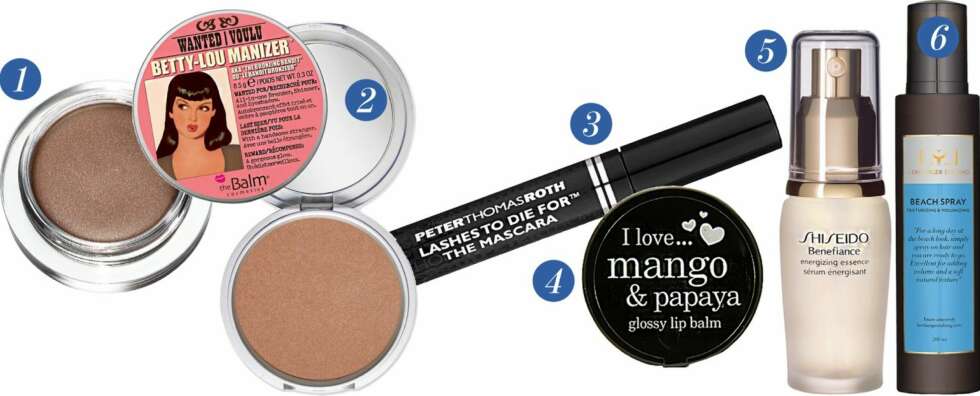 SKJØNNHET: 1. Øyeskygge fra Shiseido, kr 299,- 2. Solpudder fra The Balm, kr 199,-3. Maskara fra Peter Thomas Roth, kr 249,- 4. Leppepomade fra I love..., kr 49,- 5. Oppstrammende serum fra Shiseido, kr 889,- 6. Volumspray fra Lernberger Stafsing, kr 299,- SKJØNNHET: 1. Øyeskygge fra Shiseido, kr 299,- 2. Solpudder fra The Balm, kr 199,-3. Maskara fra Peter Thomas Roth, kr 249,- 4. Leppepomade fra I love..., kr 49,- 5. Oppstrammende serum fra Shiseido, kr 889,- 6. Volumspray fra Lernberger Stafsing, kr 299,-