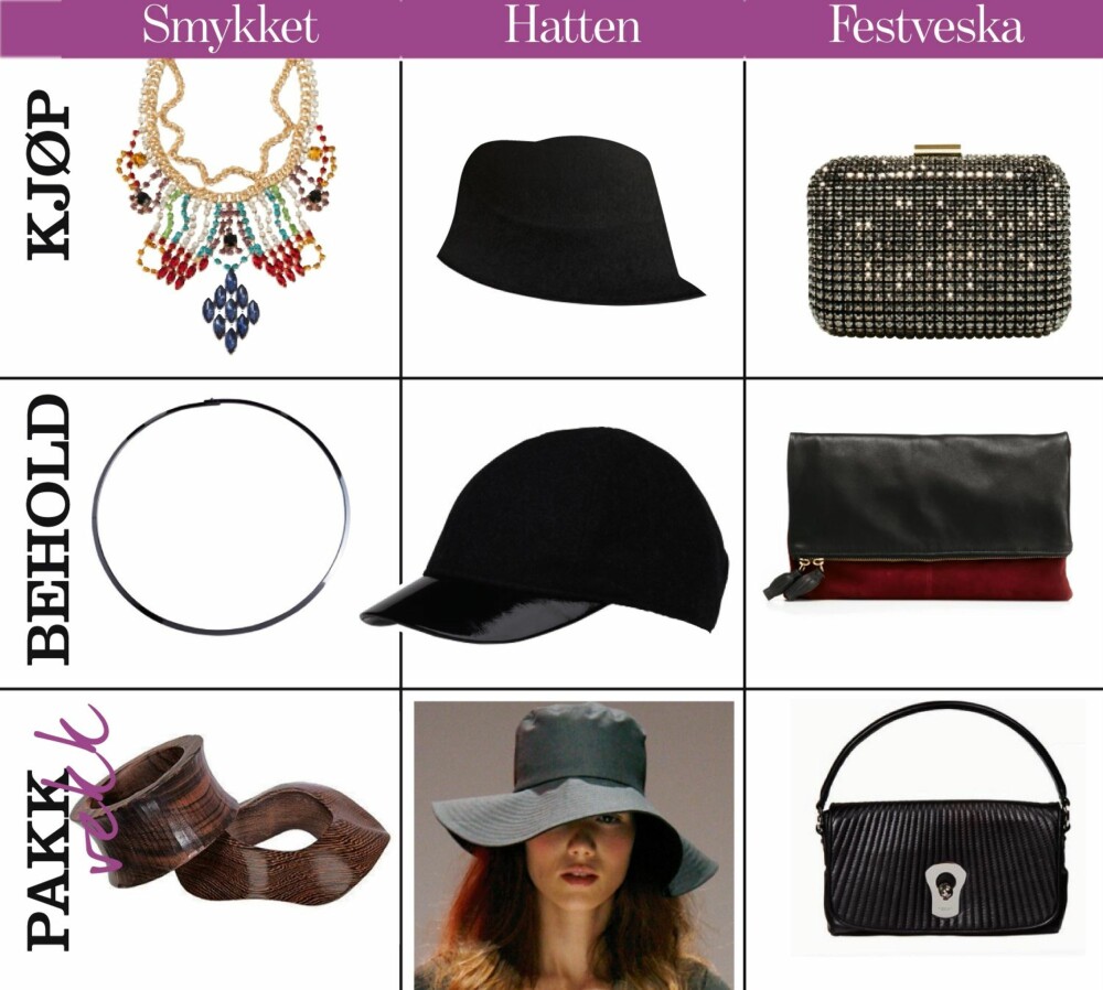 RYDD I GARDEROBEN: Kjøp: Smykke fra Bik Bok, kr 249,-, hatt fra By Malene Birger, kr 499,-, veske fra Zara, kr 599,-. Behold: Smykke fra Weekday, kr 100,-, caps fra Monki, kr 150,-, Clutch fra Mango, kr 399. RYDD I GARDEROBEN: Kjøp: Smykke fra Bik Bok, kr 249,-, hatt fra By Malene Birger, kr 499,-, veske fra Zara, kr 599,-. Behold: Smykke fra Weekday, kr 100,-, caps fra Monki, kr 150,-, Clutch fra Mango, kr 399.