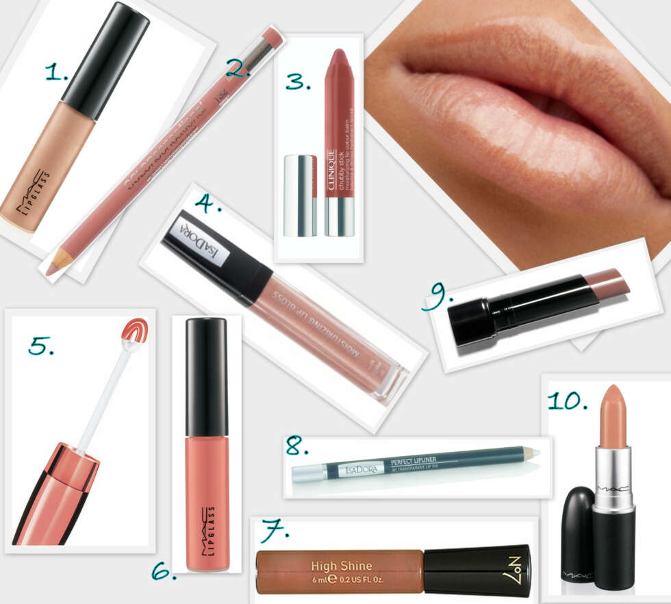 NUDE: 1. Lipglass i fargen C Thru fra MAC (kr 165), 2. Color Sensational i fargen 132 fra Maybelline (kr 79), 3. Chubby Stick i fargen Heaping Hazelnut fra Clinique (kr 190), 4. Moisturizing Lip Gloss i fargen Vintage Rose fra IsaDora (kr 129), 5. Super Stay Tint Gloss i fargen Forever Berry fra Maybelline (kr 119). 6. Lipglass i fargen Prrr fra MAC (165), 7. High Shine Lip Gloss i fargen Whisp fra No7 (kr 105), 8. Perfect Lipliner 80 Transparent Lip Fix fra IsaDora (kr ), 9. Creamy Lip Color i fargen Honeysuckle fra Bobbi Brown (kr 230), 10. Lipstick i fargen Myth fra MAC (kr 175). FOTO: Stockbyte og produsentene. NUDE: 1. Lipglass i fargen C Thru fra MAC (kr 165), 2. Color Sensational i fargen 132 fra Maybelline (kr 79), 3. Chubby Stick i fargen Heaping Hazelnut fra Clinique (kr 190), 4. Moisturizing Lip Gloss i fargen Vintage Rose fra IsaDora (kr 129), 5. Super Stay Tint Gloss i fargen Forever Berry fra Maybelline (kr 119). 6. Lipglass i fargen Prrr fra MAC (165), 7. High Shine Lip Gloss i fargen Whisp fra No7 (kr 105), 8. Perfect Lipliner 80 Transparent Lip Fix fra IsaDora (kr ), 9. Creamy Lip Color i fargen Honeysuckle fra Bobbi Brown (kr 230), 10. Lipstick i fargen Myth fra MAC (kr 175). FOTO: Stockbyte og produsentene.