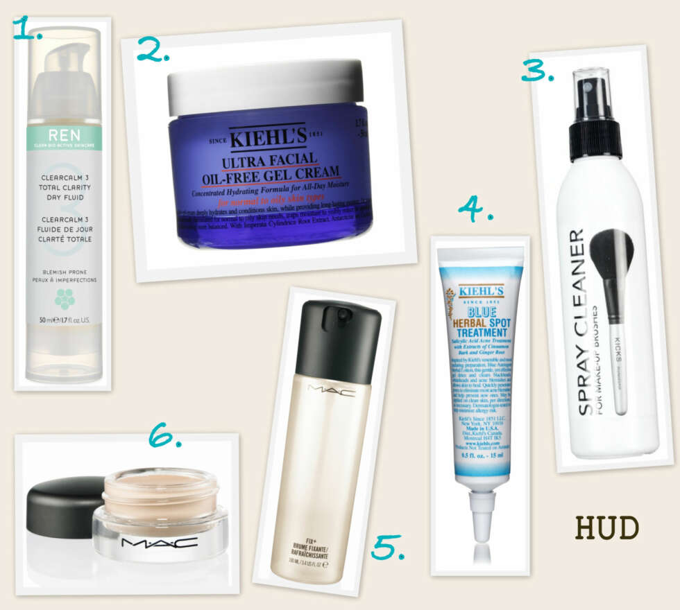 HUD: 1. Total Clarity Day Fluid fra REN (kr 365), 2. Ultra Facial Oil Free Lotion fra Kiehl's (kr 265), 3. Spray Cleaner for Make-up Brushes fra Kicks (kr 59), 4. Blue Herbal Spot Treatment fra Kiehl's (kr 160), 5. Fix+ spray fra MAC (kr 165), 6. Paintpot i fargen Painterly fra MAC kan brukes som øyeprimer (kr 175). HUD: 1. Total Clarity Day Fluid fra REN (kr 365), 2. Ultra Facial Oil Free Lotion fra Kiehl's (kr 265), 3. Spray Cleaner for Make-up Brushes fra Kicks (kr 59), 4. Blue Herbal Spot Treatment fra Kiehl's (kr 160), 5. Fix+ spray fra MAC (kr 165), 6. Paintpot i fargen Painterly fra MAC kan brukes som øyeprimer (kr 175).