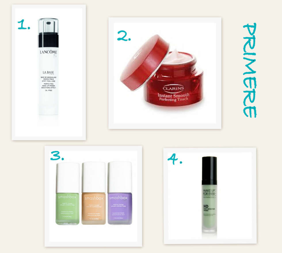 PRIMER: 1. La Base Pro fra Lancôme (kr 385), 2. Instant Smooth Perfecting Touch fra Clarins (kr 260), 3. Color Correcting Foundation Primers fra Smashbox (kr 490 per stk. hos Visage), 4. HD Microperfecting Primer i fargen Green fra Make Up For Ever (kr ca 190 fra Sephora). PRIMER: 1. La Base Pro fra Lancôme (kr 385), 2. Instant Smooth Perfecting Touch fra Clarins (kr 260), 3. Color Correcting Foundation Primers fra Smashbox (kr 490 per stk. hos Visage), 4. HD Microperfecting Primer i fargen Green fra Make Up For Ever (kr ca 190 fra Sephora).