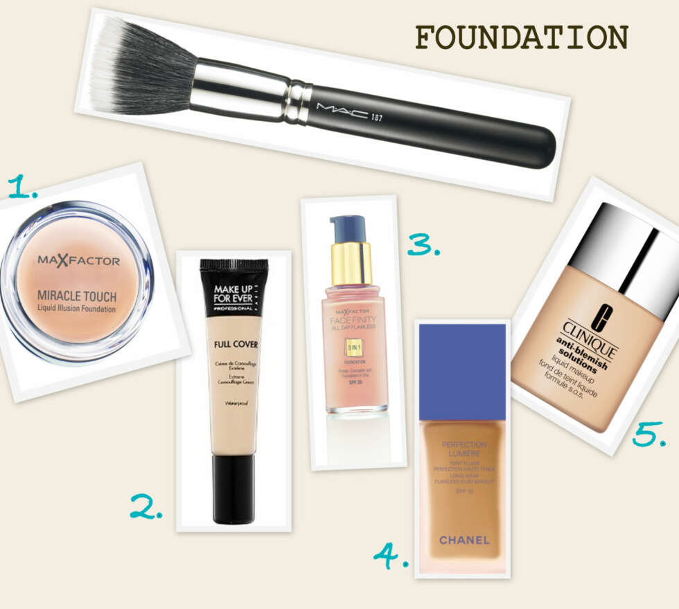 FOUNDATION: 1. Miracle Touch foundation fra Max Factor (kr 169), 2. Full Cover Foundation fra Makeup Forever (kr ca 190 fra Sephora.fr), 3. Facefinity All Day Flawless foundation fra Max Factor (kr 169), 4. Perfection Lumière Foundation fra Chanel (kr 455), 5. Anti-Blemish Solutions Liquid Makeup fra Clinique (kr 165), Stippling Face foundation kost #187 fra MAC (kr 395). FOUNDATION: 1. Miracle Touch foundation fra Max Factor (kr 169), 2. Full Cover Foundation fra Makeup Forever (kr ca 190 fra Sephora.fr), 3. Facefinity All Day Flawless foundation fra Max Factor (kr 169), 4. Perfection Lumière Foundation fra Chanel (kr 455), 5. Anti-Blemish Solutions Liquid Makeup fra Clinique (kr 165), Stippling Face foundation kost #187 fra MAC (kr 395).