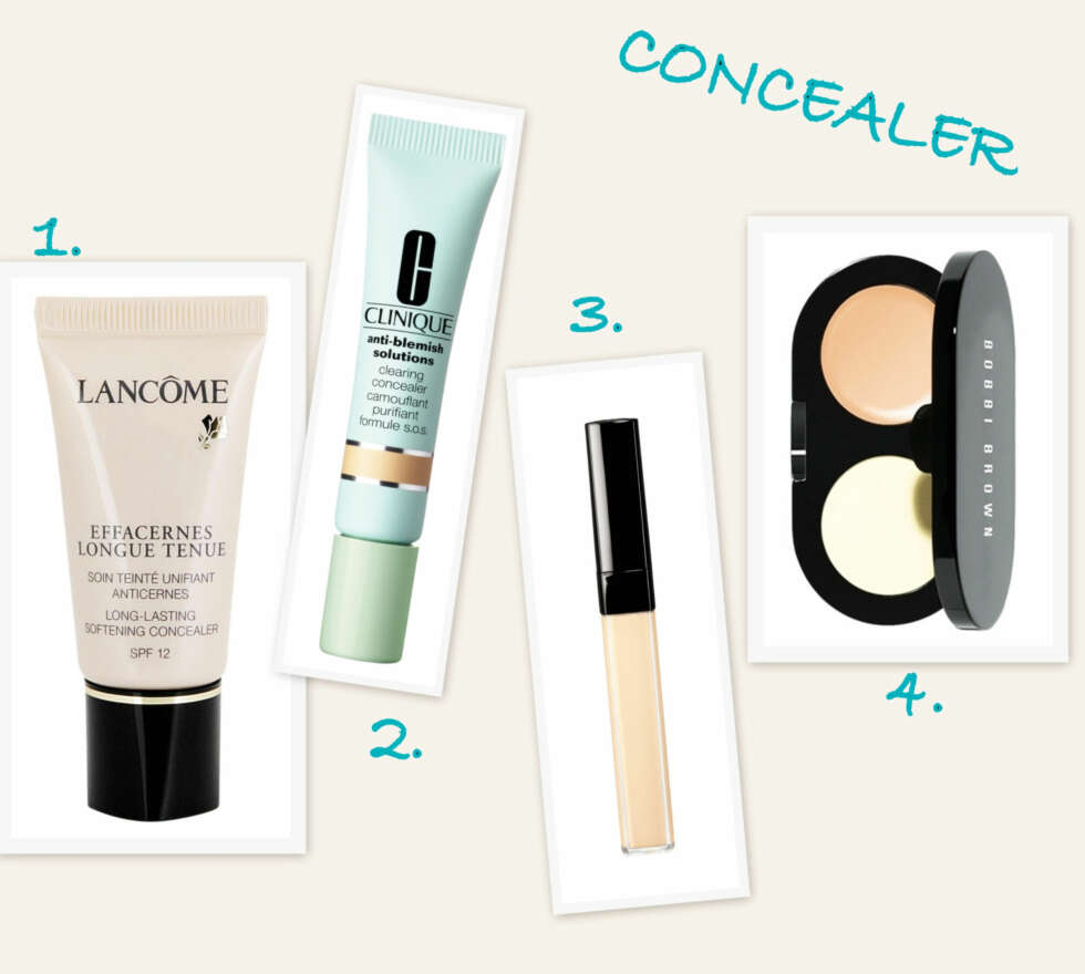 CONCEALER: 1. Long-Lasting Softening Concealer fra Lancôme (kr 295), 2. Anti-Blemish Solutions Clearing Concealer fra Clinique (kr 165), 3. Correcteur Perfection Concealer fra Chanel (kr 330), 4. Creamy Concealer Kit fra Bobbi Brown (kr 320 kr). CONCEALER: 1. Long-Lasting Softening Concealer fra Lancôme (kr 295), 2. Anti-Blemish Solutions Clearing Concealer fra Clinique (kr 165), 3. Correcteur Perfection Concealer fra Chanel (kr 330), 4. Creamy Concealer Kit fra Bobbi Brown (kr 320 kr).