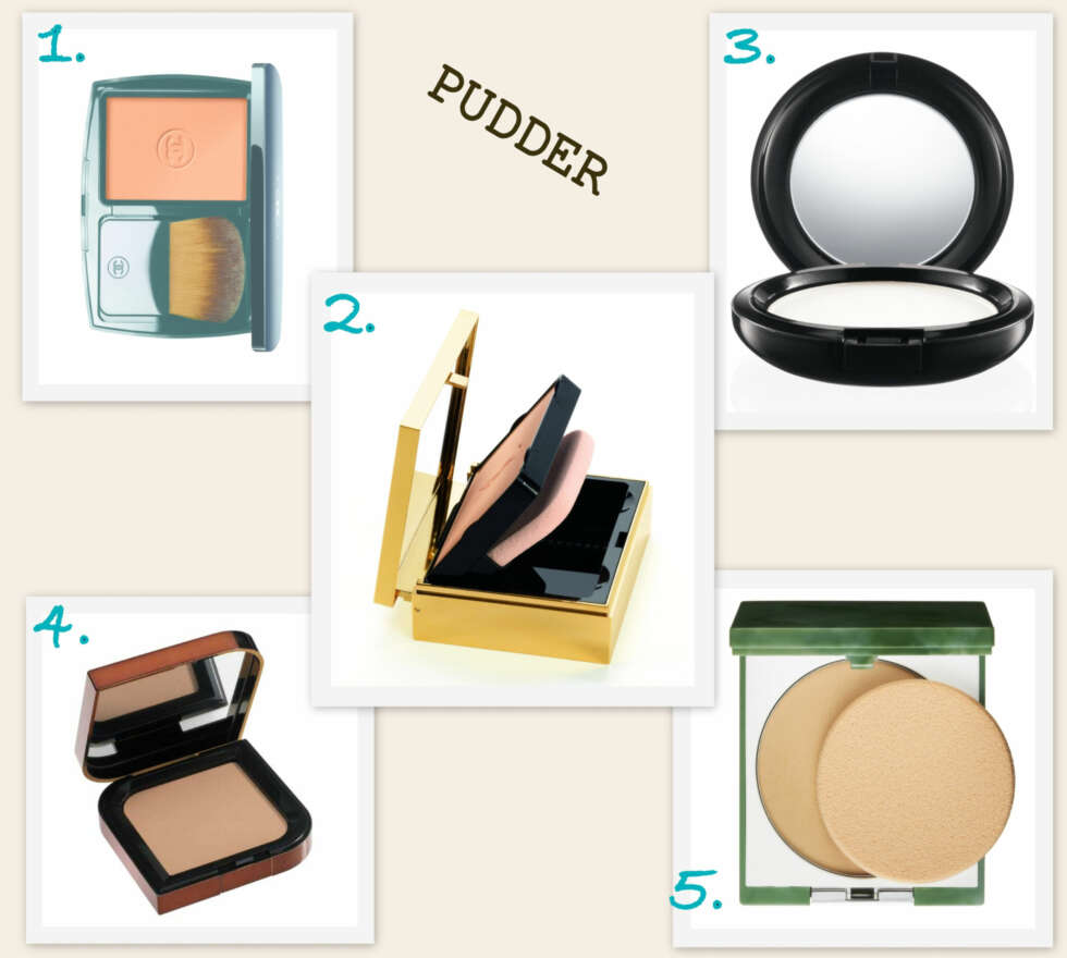 PUDDER, ROUGE OG BRONZER: 1. Vitalumière Èclat kompaktpudder fra Chanel (kr 390), 2. Matt Touch kompaktpudder fra YSL (kr 325), 3. Prep + Prime Transparent Finishing Powder Pressed fra MAC kommer også i løspudder variant (kr 200), 4. Golde Bronzing powder i fargen 04 fra Helena Rubinstein (kr 380) 5. Stay Matte Powder fra Clinique (kr 260). PUDDER, ROUGE OG BRONZER: 1. Vitalumière Èclat kompaktpudder fra Chanel (kr 390), 2. Matt Touch kompaktpudder fra YSL (kr 325), 3. Prep + Prime Transparent Finishing Powder Pressed fra MAC kommer også i løspudder variant (kr 200), 4. Golde Bronzing powder i fargen 04 fra Helena Rubinstein (kr 380) 5. Stay Matte Powder fra Clinique (kr 260).