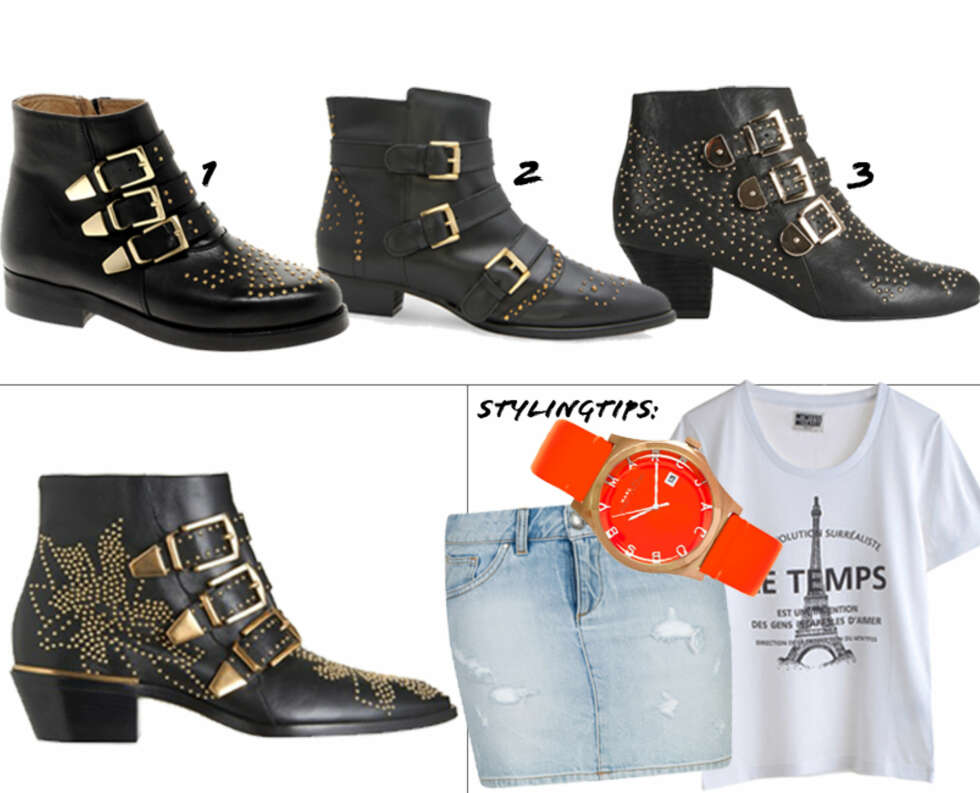 1: Asos, kr 895. 2: Mango, kr 999. 3: Jeffrey Campbell, kr 1798. Stylingtips: Denimskjørt fra BikBok, kr 349, klokke fra Marc Jacobs, kr 1884, t-skjorte fra Weekday, kr 150. 1: Asos, kr 895. 2: Mango, kr 999. 3: Jeffrey Campbell, kr 1798. Stylingtips: Denimskjørt fra BikBok, kr 349, klokke fra Marc Jacobs, kr 1884, t-skjorte fra Weekday, kr 150.