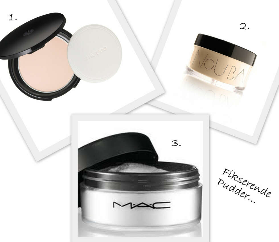 FOTO: 1. Translucent Pressed Powder fra Shiseido (kr 399), 2. Magic Powder fra Nouba (kr 329), 3. Prep Prime Transparent Finishing Powder fra MAC (kr 200). FOTO: 1. Translucent Pressed Powder fra Shiseido (kr 399), 2. Magic Powder fra Nouba (kr 329), 3. Prep Prime Transparent Finishing Powder fra MAC (kr 200).