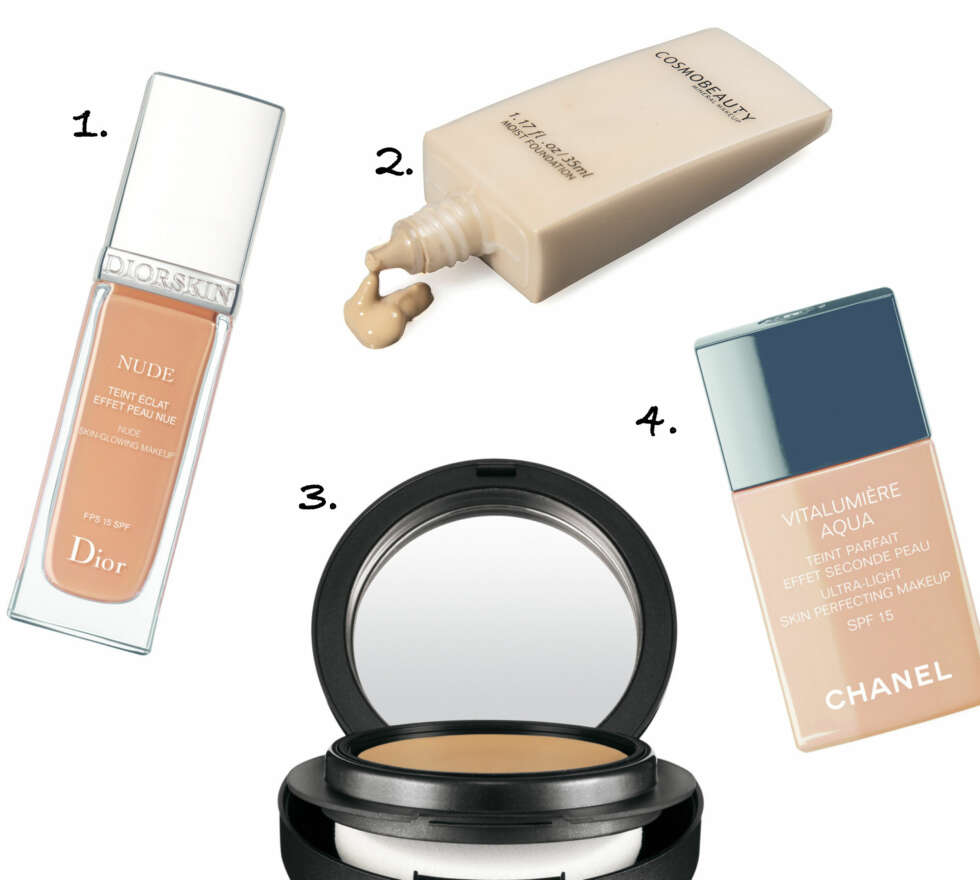 FOUNDATION: 1. Nude Skin Glowing Makeup fra Dior Skin (kr 410), 2. Moist Foundation fra Cosmo Beauty (kr 308), 3. Mineralize Foundation Compact SPF15 fra MAC (kr 300), 4. Vitalumièr Aqua foundation fra Chanel (kr 390). FOUNDATION: 1. Nude Skin Glowing Makeup fra Dior Skin (kr 410), 2. Moist Foundation fra Cosmo Beauty (kr 308), 3. Mineralize Foundation Compact SPF15 fra MAC (kr 300), 4. Vitalumièr Aqua foundation fra Chanel (kr 390).