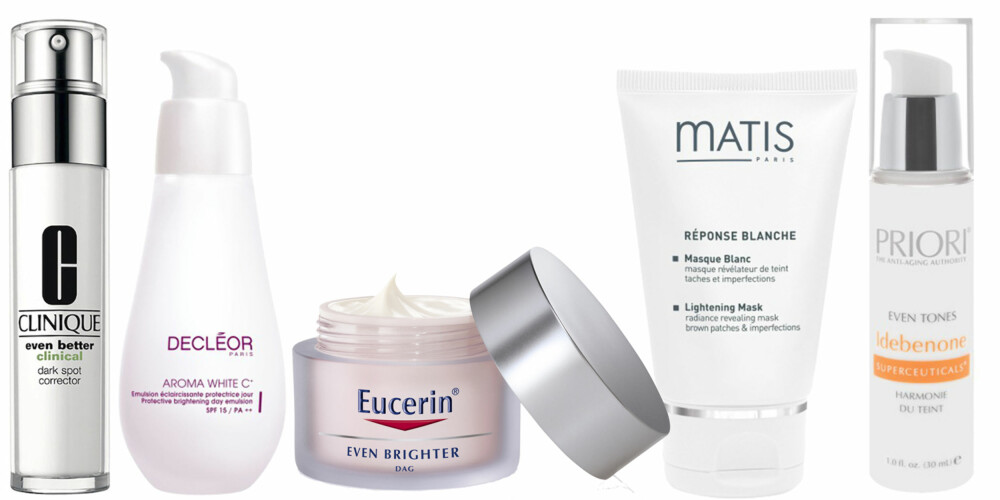 FRA VENSTRE: Clinique Even Better Clinical (kr 425), Decleor Aroma White C (kr 649), Eucerin Even Brighter Day Cream ( kr 279), Matis Lightening Mask (kr 469), Priori Even Tones (kr 1198). FRA VENSTRE: Clinique Even Better Clinical (kr 425), Decleor Aroma White C (kr 649), Eucerin Even Brighter Day Cream ( kr 279), Matis Lightening Mask (kr 469), Priori Even Tones (kr 1198).