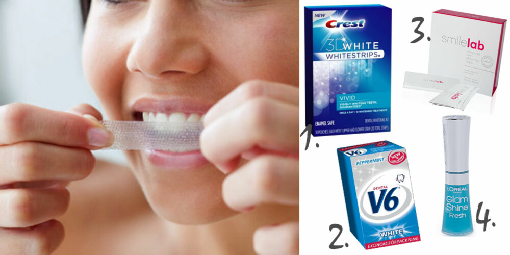 DISSE KAN DU PRØVE HJEMME: 1. Crest 3D Whitestrips, ca. kr 120, Whitestripsforyou.co.uk. 2. V6 White tyggegummi, kr 39, dagligvarebutikker. 3. Smilelab tannblekestrips, kr 499, Vita. 4. Loreal Glam Shine gloss, i fargen Aqua Curacao, får tennene til å se hvitere ut - og gjør ikke leppene blå, kr 99, Vita. DISSE KAN DU PRØVE HJEMME: 1. Crest 3D Whitestrips, ca. kr 120, Whitestripsforyou.co.uk. 2. V6 White tyggegummi, kr 39, dagligvarebutikker. 3. Smilelab tannblekestrips, kr 499, Vita. 4. Loreal Glam Shine gloss, i fargen Aqua Curacao, får tennene til å se hvitere ut - og gjør ikke leppene blå, kr 99, Vita.
