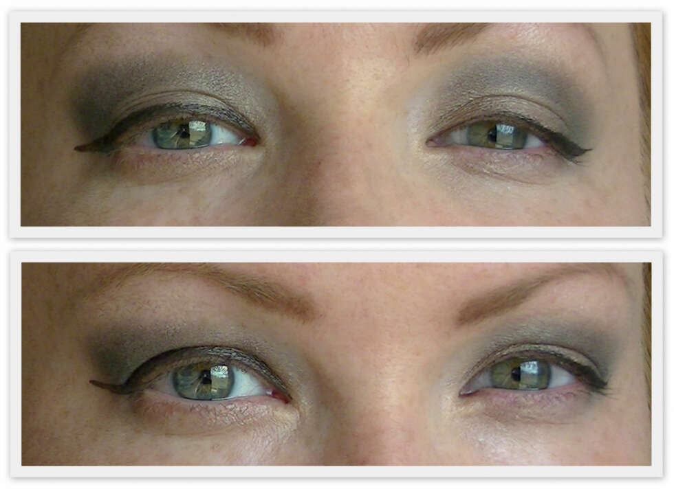 FEIL OG RIKTIG EYELINER: Feil til venstre. Riktig til høyre. Til venstre er eyelineren for bred, slik at den dekker hele lokket og gjør øyet mindre og mer innsunket. Avslutningen i ytterkant er også for bred. Til høyre er eyelineren generelt tynnere og jevnere. Tynn og fin innerst. Ender i en vinge som gir løft til øyet. Avslutningen er også tynn og fin, som gjør at eyelineren kan gå litt "i ett" med vippene når maskaraen kommer på. FEIL OG RIKTIG EYELINER: Feil til venstre. Riktig til høyre. Til venstre er eyelineren for bred, slik at den dekker hele lokket og gjør øyet mindre og mer innsunket. Avslutningen i ytterkant er også for bred. Til høyre er eyelineren generelt tynnere og jevnere. Tynn og fin innerst. Ender i en vinge som gir løft til øyet. Avslutningen er også tynn og fin, som gjør at eyelineren kan gå litt "i ett" med vippene når maskaraen kommer på.
