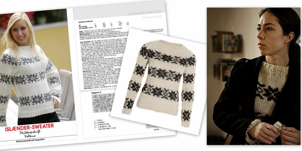 FORBRYTELSEN STRIKKEGENSER NR 1: Dette var den første strikkegenseren til Sara Lund, da den danske krimserien startet i januar 2007. Til venstre er oppskriften hentet fra superbrugsen.dk, i midten er originalen fra Gudrun&Gudrun, og til høyre ser vi Sara Lund med den legendariske genseren. FORBRYTELSEN STRIKKEGENSER NR 1: Dette var den første strikkegenseren til Sara Lund, da den danske krimserien startet i januar 2007. Til venstre er oppskriften hentet fra superbrugsen.dk, i midten er originalen fra Gudrun&Gudrun, og til høyre ser vi Sara Lund med den legendariske genseren.