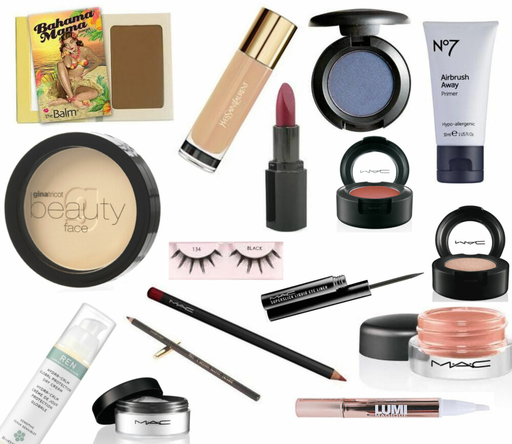 PRODUKTENE I VIDEOEN: Bahama Mama solpudder fra The Balm (kr 189), Le Teint Touche Éclat fra YSL (kr 410), Eyeshadows i fargene Contrast, Cranberry og Woodwinked fra MAC (kr 160 per stykk), Airbush Away Primer fra No7 (kr 225), Daniela Powder i Ivory fra Gina Tricot (kr 59), Fashion lashes nummer 134 fra Ardell (kr 88), Wanted Elixir Lipstick i fargen 201 fra Helena Rubinstein (utgått), Superslick Eyeliner i fargen On The Hunt fra MAC (kr 180), Lipliner i fargen Cherry fra MAC (kr 170), Hydra Calm Global Protection Day Cream fra REN (kr385), Prep+Prime Transparent Finishing Powder Loose fra MAC (kr 200), Crayon Khôl i brun fra Lancôme (kr 170), Lumi highlighter-penn fra L¿Oréal Paris (kr 135), Paint Pot i fargen Coral Crepe fra MAC (kr 170). PRODUKTENE I VIDEOEN: Bahama Mama solpudder fra The Balm (kr 189), Le Teint Touche Éclat fra YSL (kr 410), Eyeshadows i fargene Contrast, Cranberry og Woodwinked fra MAC (kr 160 per stykk), Airbush Away Primer fra No7 (kr 225), Daniela Powder i Ivory fra Gina Tricot (kr 59), Fashion lashes nummer 134 fra Ardell (kr 88), Wanted Elixir Lipstick i fargen 201 fra Helena Rubinstein (utgått), Superslick Eyeliner i fargen On The Hunt fra MAC (kr 180), Lipliner i fargen Cherry fra MAC (kr 170), Hydra Calm Global Protection Day Cream fra REN (kr385), Prep+Prime Transparent Finishing Powder Loose fra MAC (kr 200), Crayon Khôl i brun fra Lancôme (kr 170), Lumi highlighter-penn fra L¿Oréal Paris (kr 135), Paint Pot i fargen Coral Crepe fra MAC (kr 170).