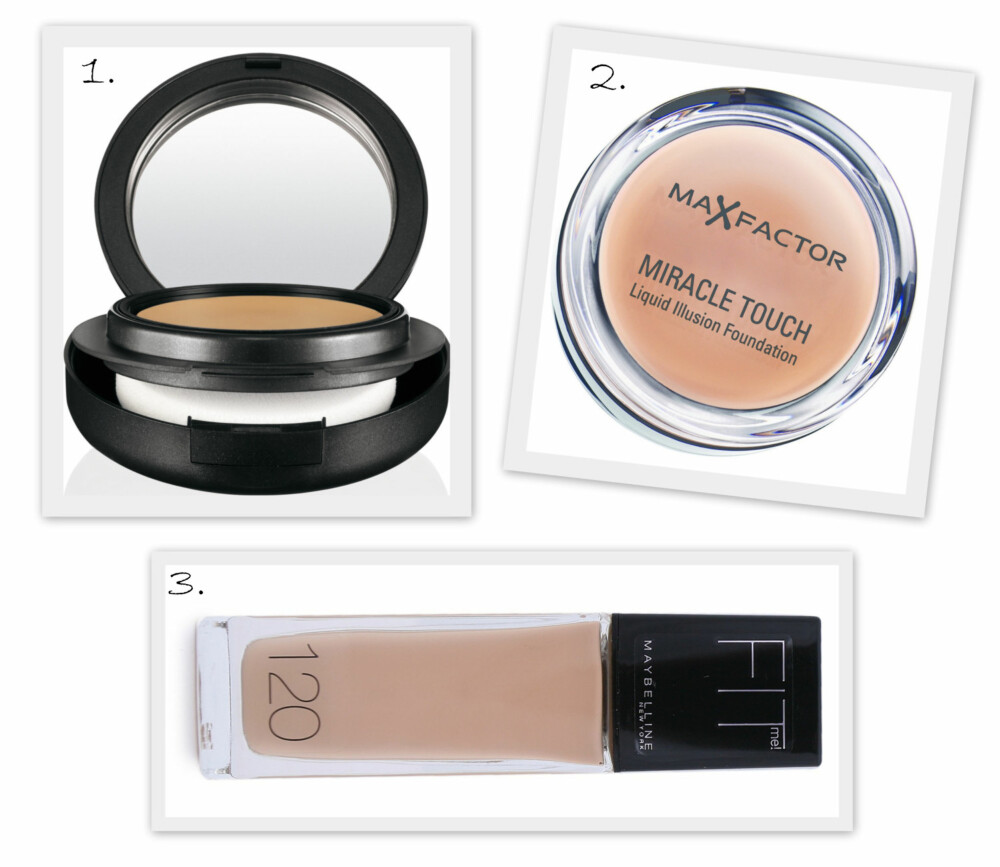 FOUNDATION: 1. Mineralize Foundation Compact SPF15 fra MAC (kr 300), 2. Miracle Touch foundation fra MAC (kr 169), 3. Fit Me foundation fra Maybelline (kr 139). FOUNDATION: 1. Mineralize Foundation Compact SPF15 fra MAC (kr 300), 2. Miracle Touch foundation fra MAC (kr 169), 3. Fit Me foundation fra Maybelline (kr 139).