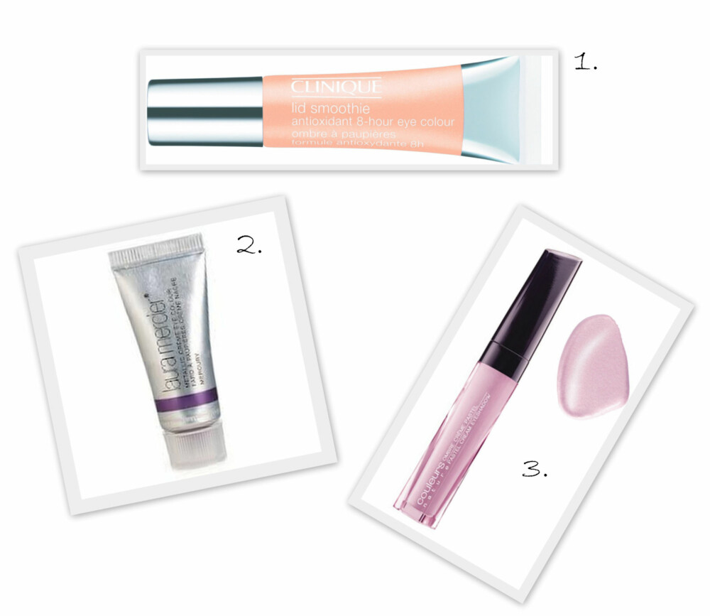 KREMØYESKYGGE:1. Lid Smoothie i fargen Bit O' Honey fra Clinque (195 kr), 2. Metallic Creme Eye Colour fra Laura Mercier (kr 253), 3. Pastell kremøyenskygge fra Yves Rocher (kr 99). KREMØYESKYGGE:1. Lid Smoothie i fargen Bit O' Honey fra Clinque (195 kr), 2. Metallic Creme Eye Colour fra Laura Mercier (kr 253), 3. Pastell kremøyenskygge fra Yves Rocher (kr 99).