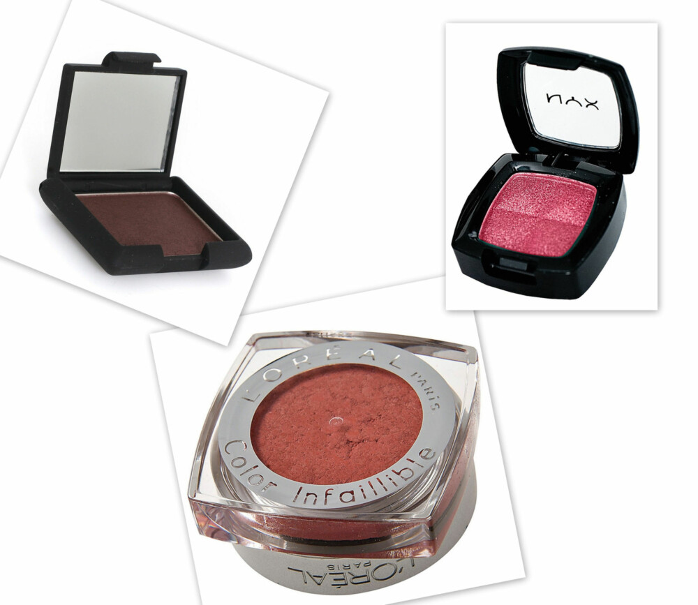 BURGUNDER SKYGGER: Single Eye Shadow i mørk plomme fra Nouba (kr 195), Single Eyeshadow i fargen Hot Pink fra NYX Cosmetics (kr 95), Color Infallible fra L'Oréal Paris (kr 115). BURGUNDER SKYGGER: Single Eye Shadow i mørk plomme fra Nouba (kr 195), Single Eyeshadow i fargen Hot Pink fra NYX Cosmetics (kr 95), Color Infallible fra L'Oréal Paris (kr 115).