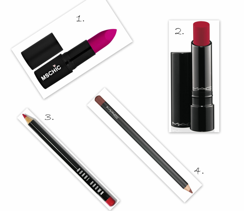 BLODTØRSTE LEPPER: 1. High Pigment Lipstick i fargen hot hot pink fra MsChic/Nelly.no (kr 139), 2. Sheen Supreme Lipstick i fargen New Temptation fra MAC (kr 175), 3. Creamy Lip Liner i fargen Red fra Bobbi Brown (kr 175), 4. Pro Longwear Lip Pencil i fargen Nice 'n' Spice fra MAC (kr 180). BLODTØRSTE LEPPER: 1. High Pigment Lipstick i fargen hot hot pink fra MsChic/Nelly.no (kr 139), 2. Sheen Supreme Lipstick i fargen New Temptation fra MAC (kr 175), 3. Creamy Lip Liner i fargen Red fra Bobbi Brown (kr 175), 4. Pro Longwear Lip Pencil i fargen Nice 'n' Spice fra MAC (kr 180).