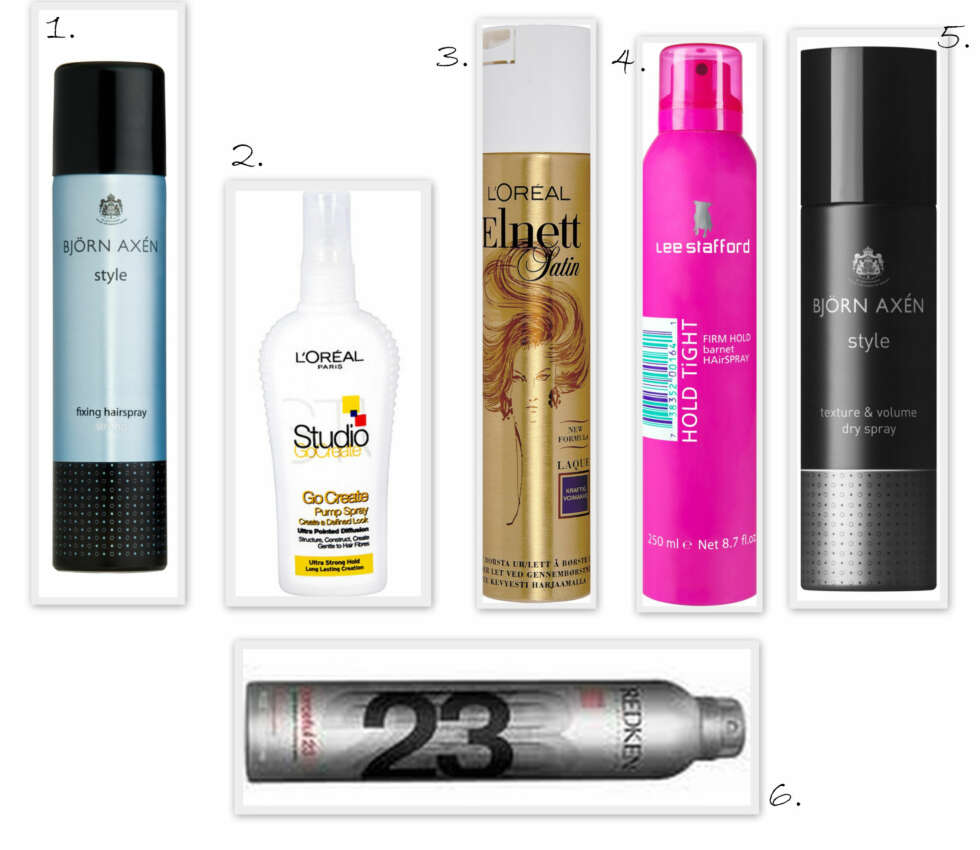 HÅRSPRAY: 1. Fixing Hairspray Strong fra Björn Axén (kr 125), 2. Studio Go Create Pump Spray fra L'Oréal Paris (kr 59), 3. Elnett hårspray fra L'Oréal Paris (kr 68), 4. Hold Tight Firm Hold Hairspray fra Lee Stafford (kr 119), 5. Texture & Volume Dry Spray fra Björn Axén (kr 135), 6. Forecull 23 Super Strength Finishing Spray fra Redken (kr 268 ). HÅRSPRAY: 1. Fixing Hairspray Strong fra Björn Axén (kr 125), 2. Studio Go Create Pump Spray fra L'Oréal Paris (kr 59), 3. Elnett hårspray fra L'Oréal Paris (kr 68), 4. Hold Tight Firm Hold Hairspray fra Lee Stafford (kr 119), 5. Texture & Volume Dry Spray fra Björn Axén (kr 135), 6. Forecull 23 Super Strength Finishing Spray fra Redken (kr 268 ).
