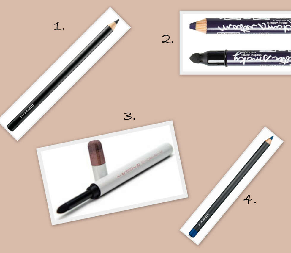 KAJAL EYELINER: 1. Eye Kohl i fargen Smolder fra MAC (kr 140), 2. Master Smokey i fargen Violet fra Maybelline (kr 99), 3. Eyeliner & shadow i fargen smokey brown fra Fedora Minerals (kr 175), 4. Eye Kohl i fargen Blooz fra MAC (kr 140). KAJAL EYELINER: 1. Eye Kohl i fargen Smolder fra MAC (kr 140), 2. Master Smokey i fargen Violet fra Maybelline (kr 99), 3. Eyeliner & shadow i fargen smokey brown fra Fedora Minerals (kr 175), 4. Eye Kohl i fargen Blooz fra MAC (kr 140).
