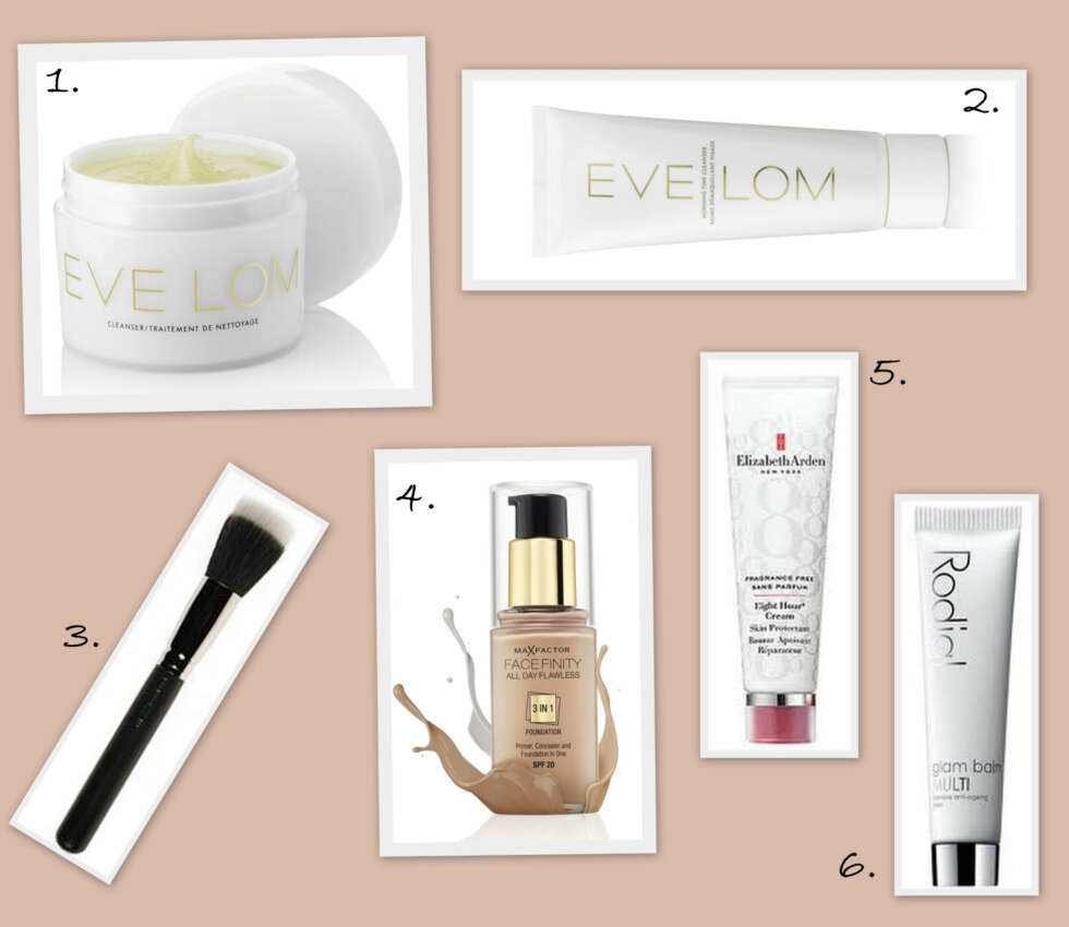 BEGYNN MED HUDEN: 1. Cleanser 50ml fra Eve Lom (kr 375), 2. Morning Cleanser 125ml fra Eve Lom (kr 465), 3. Stippling Brush 187 fra MAC (kr 395), 4. Face Finity 3 in 1 Primer, Concealer & Foundation fra Max Factor (kr 169), 5. Eight Hour Cream uten parfyme fra Elizabeth Arden (kr 325), 6. Glam Balm Multi Anti-aging balm fra Rodial (kr 520). BEGYNN MED HUDEN: 1. Cleanser 50ml fra Eve Lom (kr 375), 2. Morning Cleanser 125ml fra Eve Lom (kr 465), 3. Stippling Brush 187 fra MAC (kr 395), 4. Face Finity 3 in 1 Primer, Concealer & Foundation fra Max Factor (kr 169), 5. Eight Hour Cream uten parfyme fra Elizabeth Arden (kr 325), 6. Glam Balm Multi Anti-aging balm fra Rodial (kr 520).