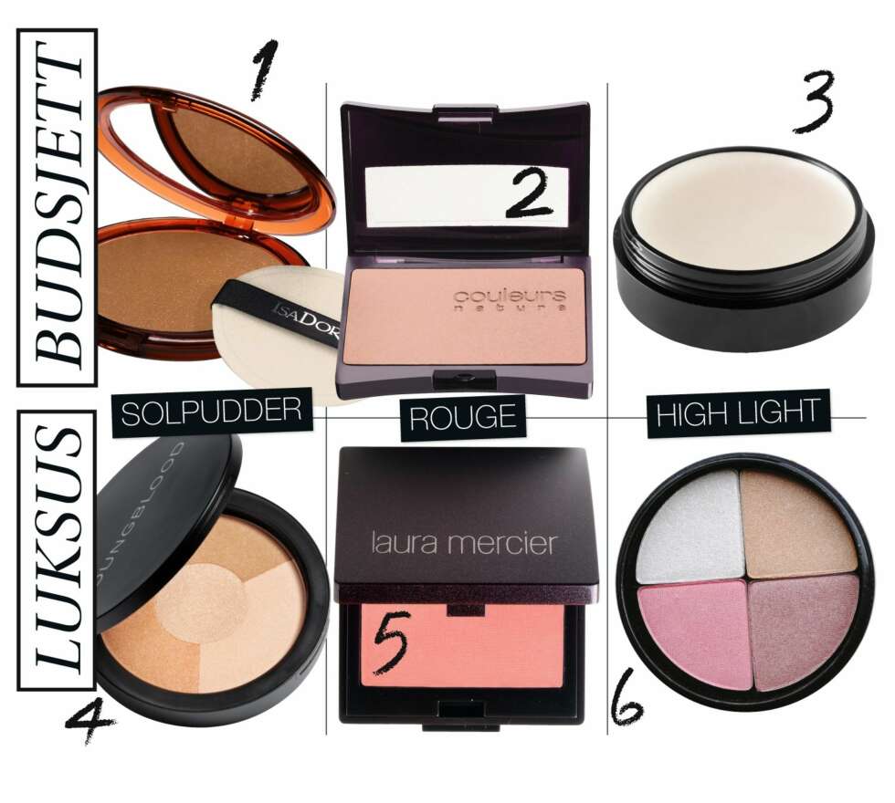 GLØD OG FARGE: 1. Isadora Bronzing powder, kr 149. 2. Yves Rocher Couleurs nature rouge, kr 99. 3. Make Up Store High tech lighter i stardust, kr 155. 4. Youngblood Mineral powder, kr 448. 5. Laura Mercier Second skin cheek colour, kr 255. 6. Glo Minerals Shimmer brick, kr 360. GLØD OG FARGE: 1. Isadora Bronzing powder, kr 149. 2. Yves Rocher Couleurs nature rouge, kr 99. 3. Make Up Store High tech lighter i stardust, kr 155. 4. Youngblood Mineral powder, kr 448. 5. Laura Mercier Second skin cheek colour, kr 255. 6. Glo Minerals Shimmer brick, kr 360.