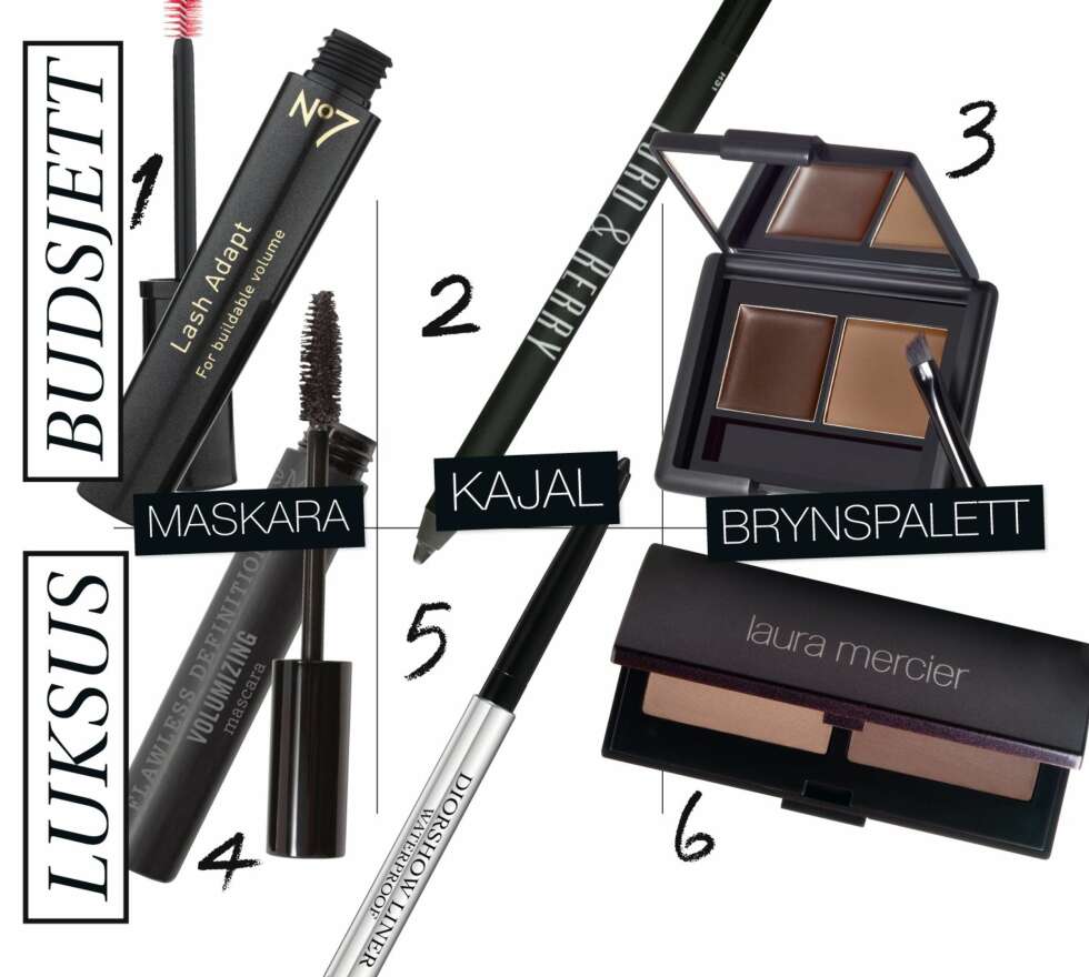 ØYNE: 1. No7 Lash adapt mascara, kr 125. 2. Lord & Berry kajal, kr 67. 3. E.l.f. Eyebrow kit i medium, kr 31. 4. Bare Minerals Flawless definition volumizing mascara, kr 329. 5. Dior Diorshow Liner waterproof i fargen carbon, kr 205. 6. Laura Mercier Brow powder duo, kr 270. ØYNE: 1. No7 Lash adapt mascara, kr 125. 2. Lord & Berry kajal, kr 67. 3. E.l.f. Eyebrow kit i medium, kr 31. 4. Bare Minerals Flawless definition volumizing mascara, kr 329. 5. Dior Diorshow Liner waterproof i fargen carbon, kr 205. 6. Laura Mercier Brow powder duo, kr 270.