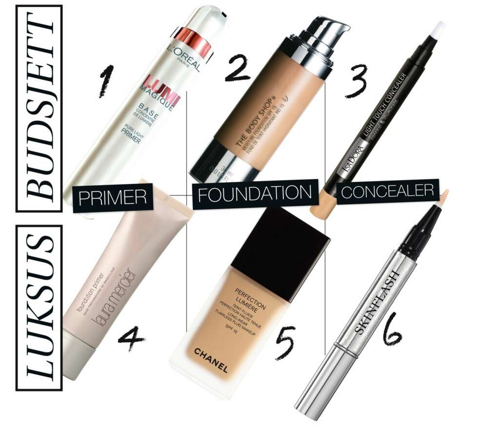 HUD: 1. L'Oréal Lumi magique primer, kr 179. 2. The Body Shop Moisture foundation, kr 199. 3. Isadora Light touch concealer, kr 119. 4. Laura Mercier Foundation primer, kr 320. 5. Chanel Perfection lumiére long-wear foundation, kr 455. 6. Dior Skinflash, kr 330. HUD: 1. L'Oréal Lumi magique primer, kr 179. 2. The Body Shop Moisture foundation, kr 199. 3. Isadora Light touch concealer, kr 119. 4. Laura Mercier Foundation primer, kr 320. 5. Chanel Perfection lumiére long-wear foundation, kr 455. 6. Dior Skinflash, kr 330.