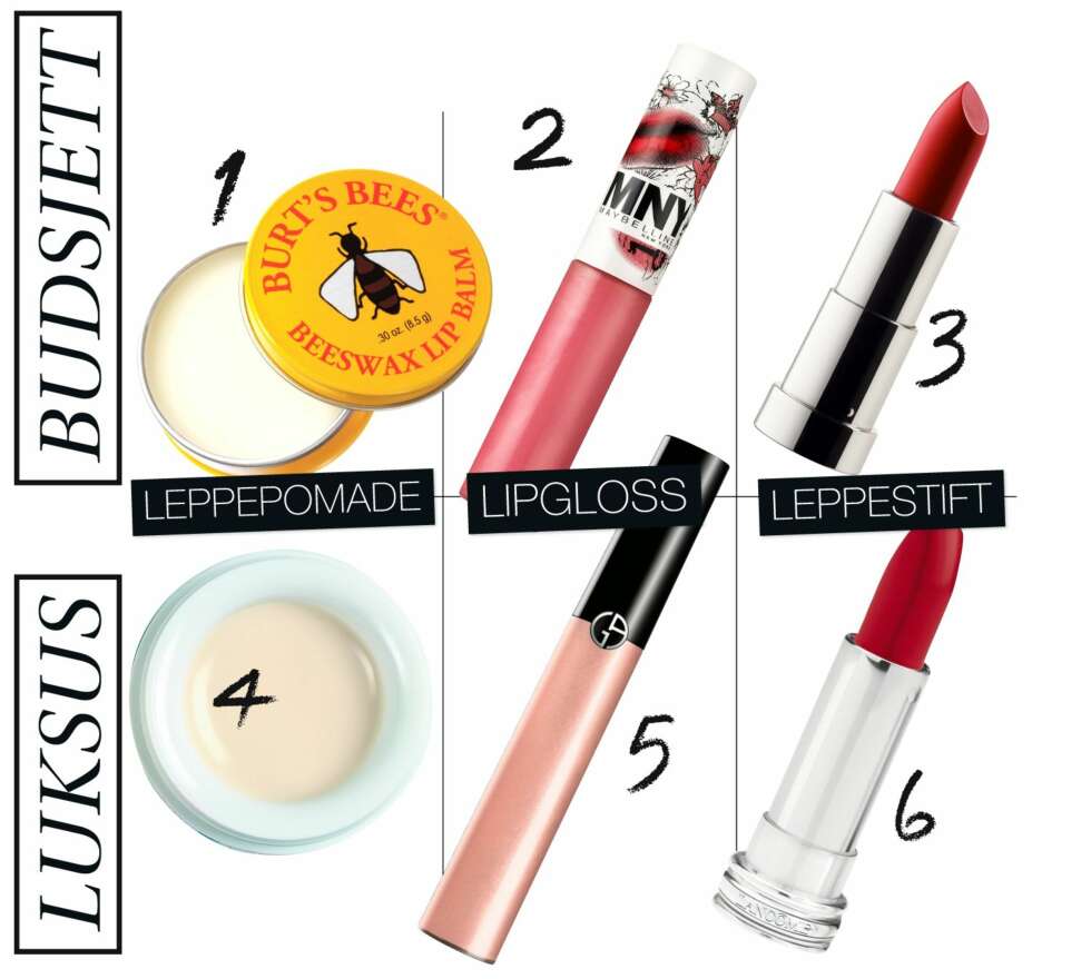 LEPPER: 1. Burt's Bees Beeswax lip balm, kr 69. 2. MNY Lipgloss nr 273, kr 49. 3. Yves Rocher Couleurs nature lipstick nr 32,
kr 115. 4. Korres Lip butter guava, kr 129. 5. Armani Skin lacquers gloss nr 514, kr 215. 6. Lancôme Rouge in love nr 185, kr 260. LEPPER: 1. Burt's Bees Beeswax lip balm, kr 69. 2. MNY Lipgloss nr 273, kr 49. 3. Yves Rocher Couleurs nature lipstick nr 32,
kr 115. 4. Korres Lip butter guava, kr 129. 5. Armani Skin lacquers gloss nr 514, kr 215. 6. Lancôme Rouge in love nr 185, kr 260.