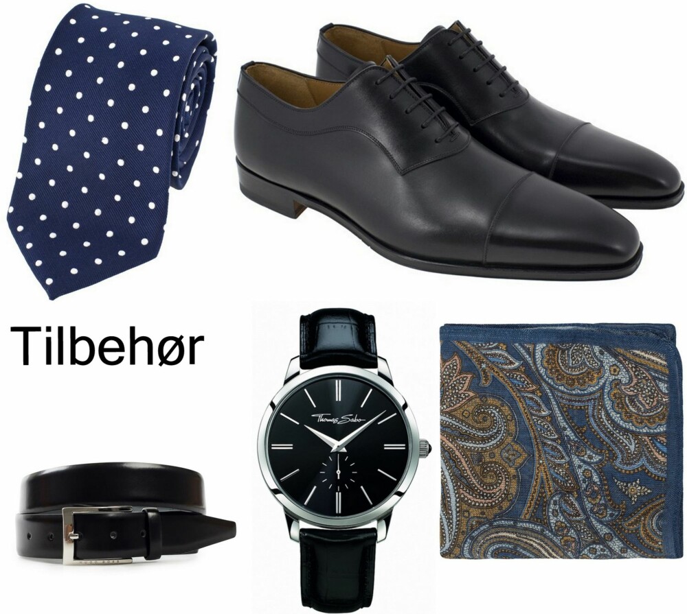 TILBEHØR TIL DRESSEN: Slips med polkadots fra Michaeles, kr 599,- . Dressko fra Magnanni, kr 2399,-. Sort skinnbelte fra Hugo Boss, kr 799,-. Stilren klokke fra Thomas Sabo, kr 1690,- . Lommetørkle med paisley print J.Lindeberg, kr 299,- TILBEHØR TIL DRESSEN: Slips med polkadots fra Michaeles, kr 599,- . Dressko fra Magnanni, kr 2399,-. Sort skinnbelte fra Hugo Boss, kr 799,-. Stilren klokke fra Thomas Sabo, kr 1690,- . Lommetørkle med paisley print J.Lindeberg, kr 299,-