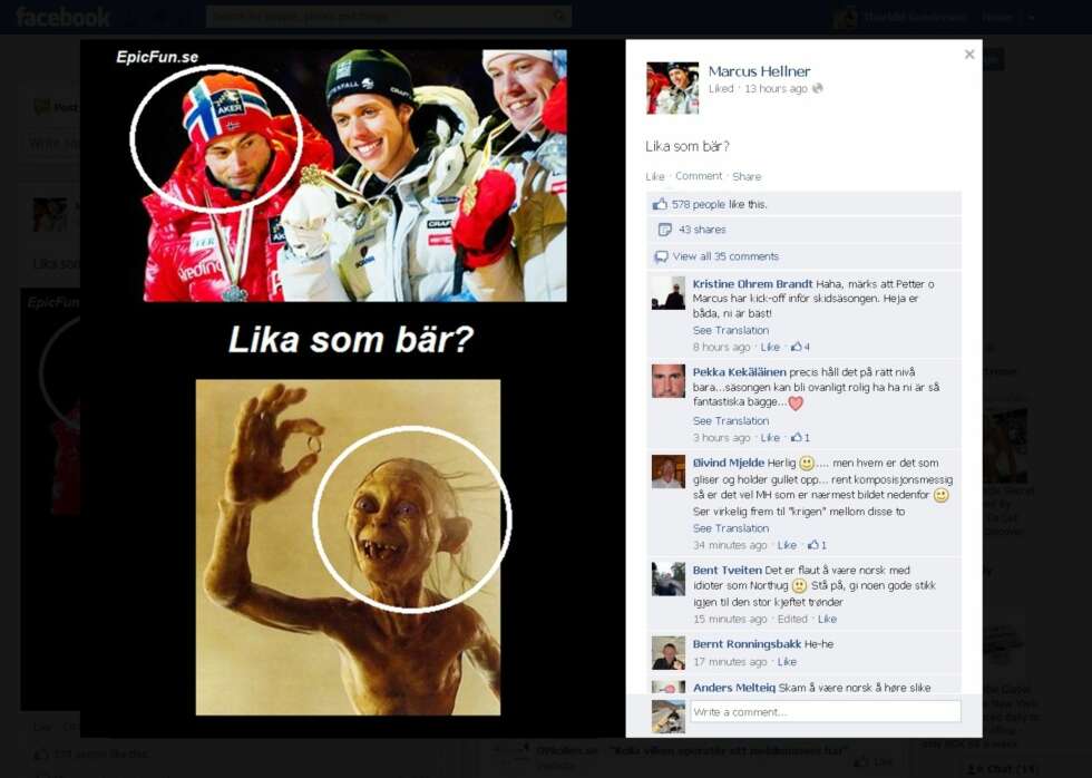 PETTER GOLLUM: Marcus Hellners uoffisielle fanclub slo til med denne på sin Facebook-profil igår. PETTER GOLLUM: Marcus Hellners uoffisielle fanclub slo til med denne på sin Facebook-profil igår.