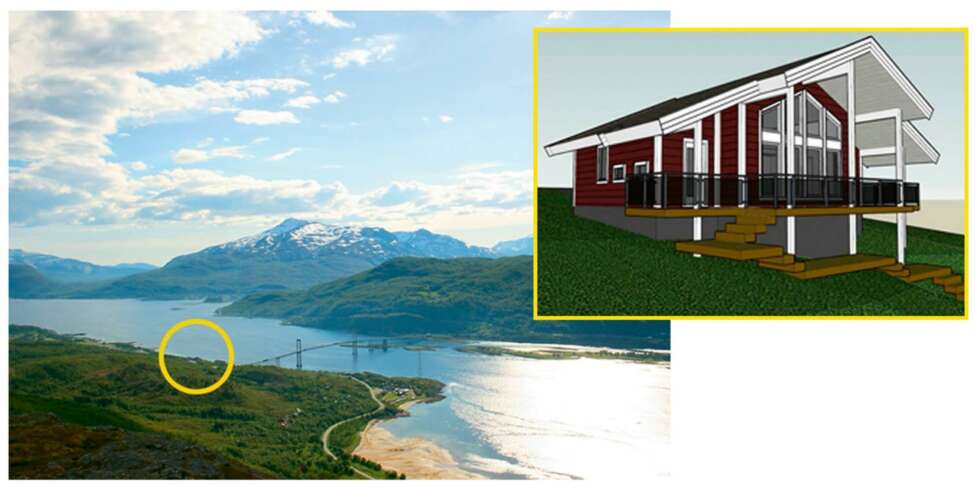 ARKITEKTTEGNET: Hytta, som er tegnet av arkitekt Knut-Helge Fenes, vil ligge like ved Tjeldsundbrua i Troms. Tomten er på 1,3 mål og har 25 meter strandlinje. ARKITEKTTEGNET: Hytta, som er tegnet av arkitekt Knut-Helge Fenes, vil ligge like ved Tjeldsundbrua i Troms. Tomten er på 1,3 mål og har 25 meter strandlinje.