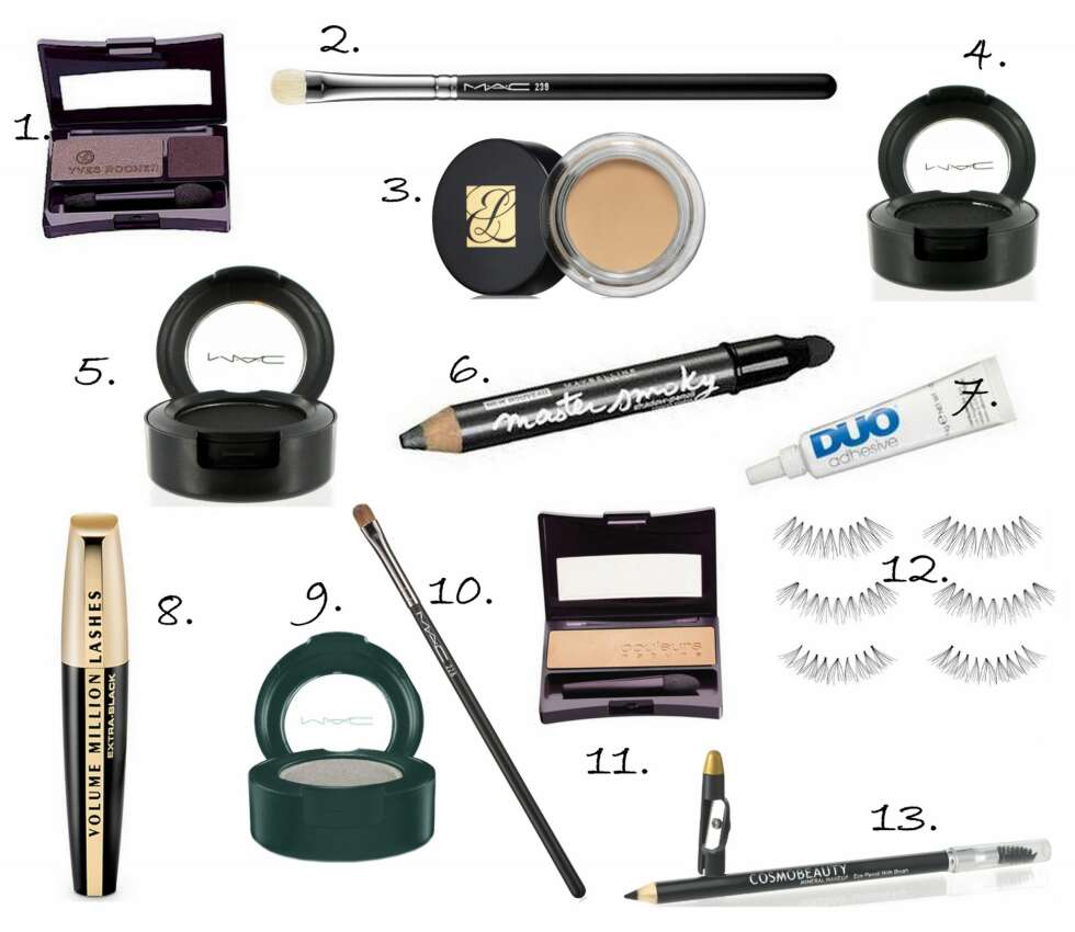 PRODUKTER TIL ØYNE: 1. Color Nature Single Eyeshadow i fargen 13 fra Yves Rocher (kr 99), 2. Eye shading #239 fra MAC (kr 230), 3. Double Wear Stay In Place Eyeshadow Base fra Estée Lauder (kr 185), 4. Eye Shadow i fargen Carbon fra MAC (kr 160), 5. Eye Shadow i fargen Black Tied fra MAC (kr 160), 6. Master Smoky Shadow Pencil i fargen Smoky Grey fra Maybelline (kr 109), 7. Duo Vippelim (kr 145), 8. Volume Million Lashes Diamantissime i fargen Extra Black fra L'Oréal Paris (179), 9. Eye Shadow i fargen Idol Eyes fra MAC (kr 160), 10. Mini Shader #228 fra MAC (kr 195), 11. Color Nature Single Eyeshadow i fargen #04 fra Yves Rocher (kr 99), 12. Ardell Individual Lashes Long, Medium & Short (kr 79 per esker), 13. Eye Pencil With Brush fra Cosmo Beauty (kr 279). PRODUKTER TIL ØYNE: 1. Color Nature Single Eyeshadow i fargen 13 fra Yves Rocher (kr 99), 2. Eye shading #239 fra MAC (kr 230), 3. Double Wear Stay In Place Eyeshadow Base fra Estée Lauder (kr 185), 4. Eye Shadow i fargen Carbon fra MAC (kr 160), 5. Eye Shadow i fargen Black Tied fra MAC (kr 160), 6. Master Smoky Shadow Pencil i fargen Smoky Grey fra Maybelline (kr 109), 7. Duo Vippelim (kr 145), 8. Volume Million Lashes Diamantissime i fargen Extra Black fra L'Oréal Paris (179), 9. Eye Shadow i fargen Idol Eyes fra MAC (kr 160), 10. Mini Shader #228 fra MAC (kr 195), 11. Color Nature Single Eyeshadow i fargen #04 fra Yves Rocher (kr 99), 12. Ardell Individual Lashes Long, Medium & Short (kr 79 per esker), 13. Eye Pencil With Brush fra Cosmo Beauty (kr 279).