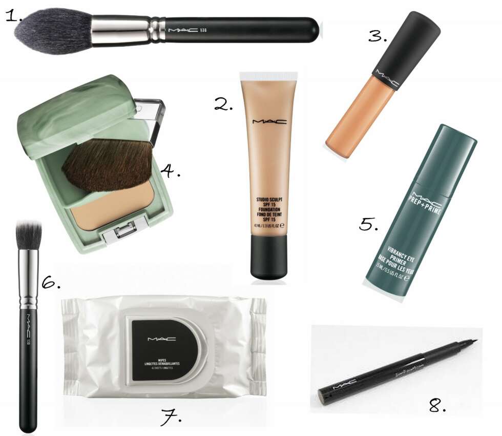 HUD: 1. Pointed Face Brush #138 fra MAC (kr 495), 2. Studio Sculpt Foundation fra MAC (kr 280), 3. Mineralize Concealer fra MAC (kr 160), 4. Almost Powder SPF 15 With Brush fra Clinique (kr 260), 5. PREP + PRIME Vibrancy Eye Primer fra MAC (kr 250), 6. Short Duo Fibre kost #130 fra MAC (kr 360), 7. Wipes 45 stk fra MAC (kr 165), 8. Penultimate Brow Marker fra MAC (kr 170). HUD: 1. Pointed Face Brush #138 fra MAC (kr 495), 2. Studio Sculpt Foundation fra MAC (kr 280), 3. Mineralize Concealer fra MAC (kr 160), 4. Almost Powder SPF 15 With Brush fra Clinique (kr 260), 5. PREP + PRIME Vibrancy Eye Primer fra MAC (kr 250), 6. Short Duo Fibre kost #130 fra MAC (kr 360), 7. Wipes 45 stk fra MAC (kr 165), 8. Penultimate Brow Marker fra MAC (kr 170).