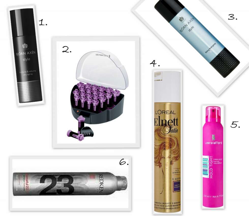 HÅRSPRAY OG VARMRULLER: 1. Texture & Volume Dry Spray fra Björn Axén (kr 135), 2. Hair Rollers KF40E fra Remington/Nelly.no (kr 499), 3. Fixing Hairspray Strong fra Björn Axén (kr 125), 4. Elnett hårspray fra L'Oréal Paris (kr 68), 5. Hold Tight Firm Hold Hairspray fra Lee Stafford (kr 119). HÅRSPRAY OG VARMRULLER: 1. Texture & Volume Dry Spray fra Björn Axén (kr 135), 2. Hair Rollers KF40E fra Remington/Nelly.no (kr 499), 3. Fixing Hairspray Strong fra Björn Axén (kr 125), 4. Elnett hårspray fra L'Oréal Paris (kr 68), 5. Hold Tight Firm Hold Hairspray fra Lee Stafford (kr 119).