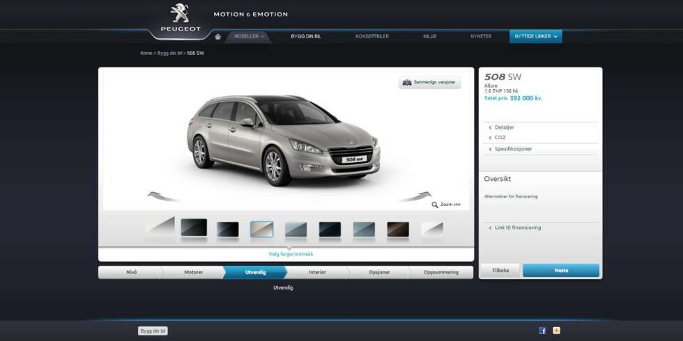 FÅ VALG: Peugeots konfigurator er lekker og brukervennlig, men siden det ikke er så veldig mye utstyr å velge mellom, blir det stort sett snakk om å se bilen i forskjellige farger. FÅ VALG: Peugeots konfigurator er lekker og brukervennlig, men siden det ikke er så veldig mye utstyr å velge mellom, blir det stort sett snakk om å se bilen i forskjellige farger.